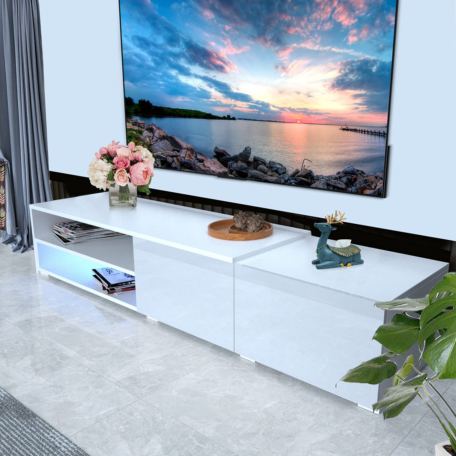 Modern LED TV Stand for 32-55 Inch TVs with RGB Color Changing Lights - Universal Entertainment Center with Clear Glass Shelves - Perfect for Gaming, Movie Nights & Home Theater Decor (White) - Ideal for Living Room, Bedroom & Home Office Setup