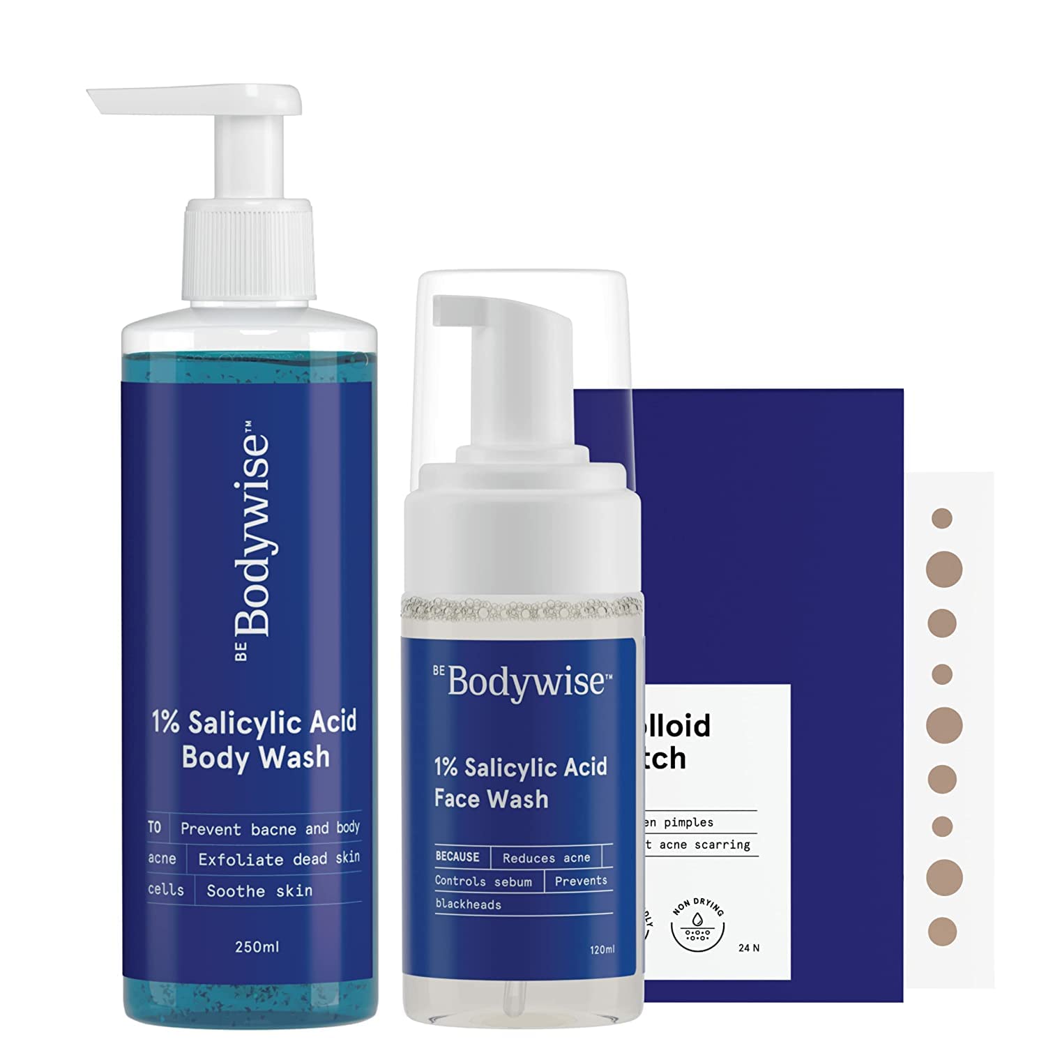 Be Bodywise 1% Salicylic Acid Body Wash 250ml & Oil Control Face Wash 120ml for Acne & Pimples + 24-Pack Acne Patches (3 Sizes) | Paraben & SLS Free | Gentle Exfoliating Skincare for Clear Skin | Perfect for Daily Shower & Breakout Treatment