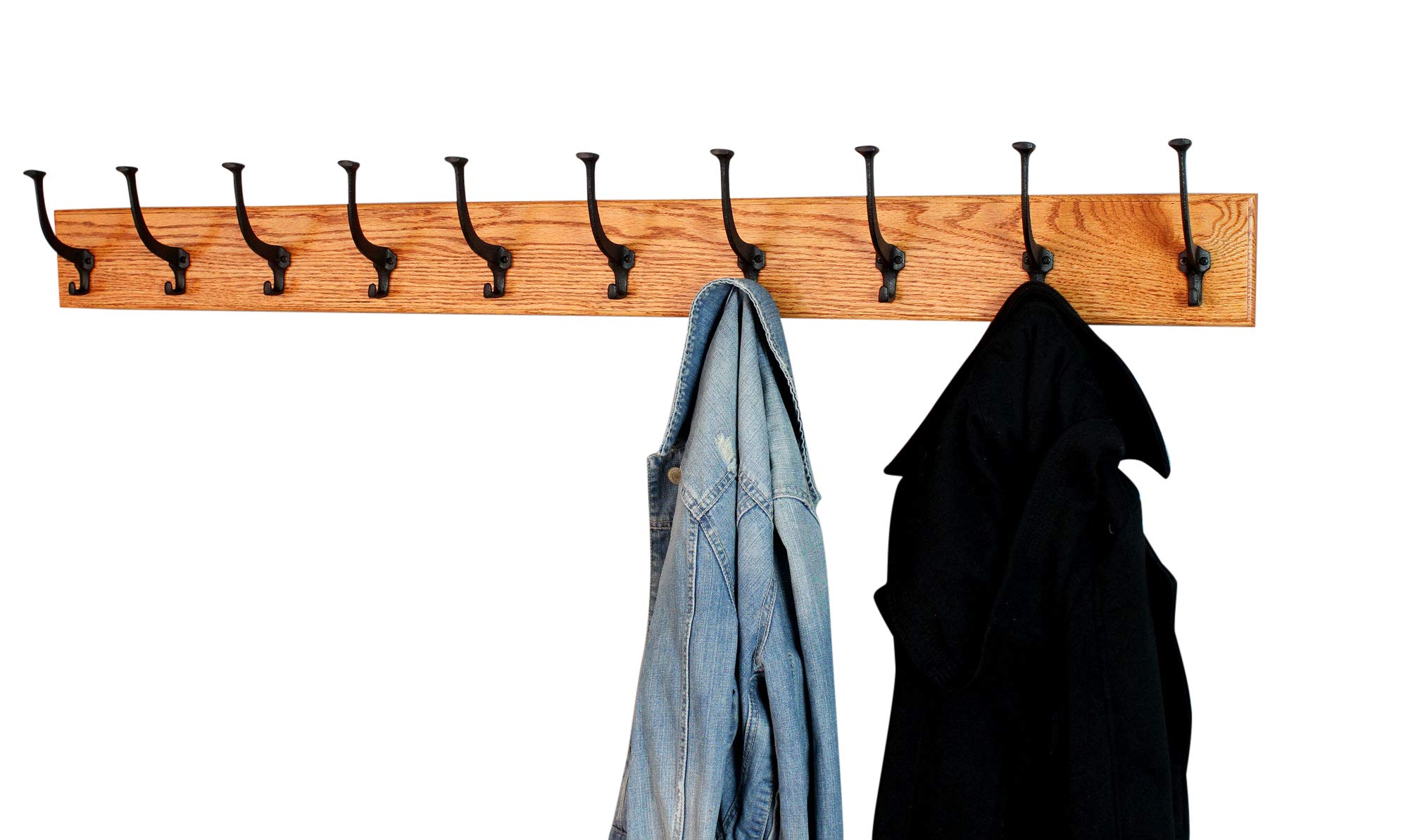Solid Oak Wall Mounted Coat Rack with 8 Large Black Mission Hooks - Handcrafted in USA - Burnt Orange Finish - 41