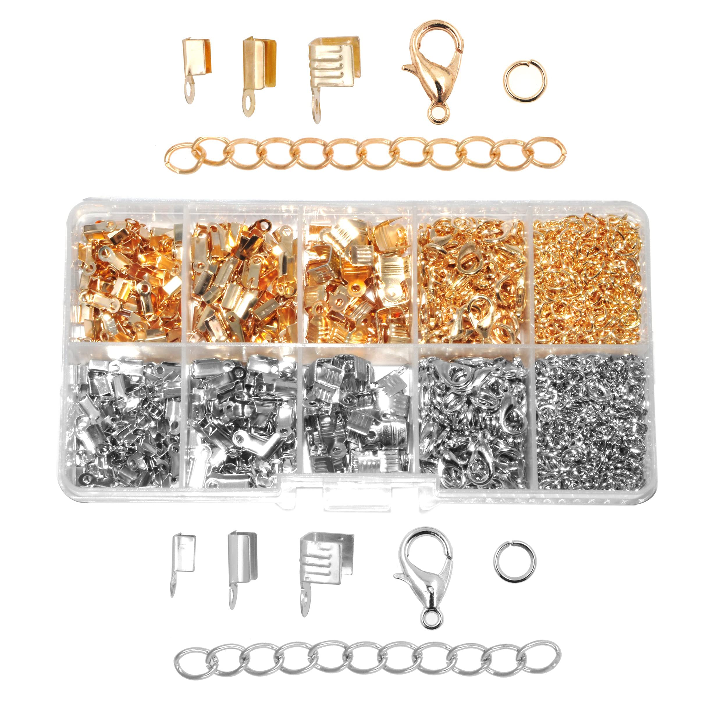 Mandala Crafts Fold Over Crimp Cord Ends for Jewelry Making - 1000pcs Silver & Gold Cord End Clamps (3mm/4mm/7mm) - Jewelry Findings for Leather, Ribbon, Beading & DIY Craft Projects