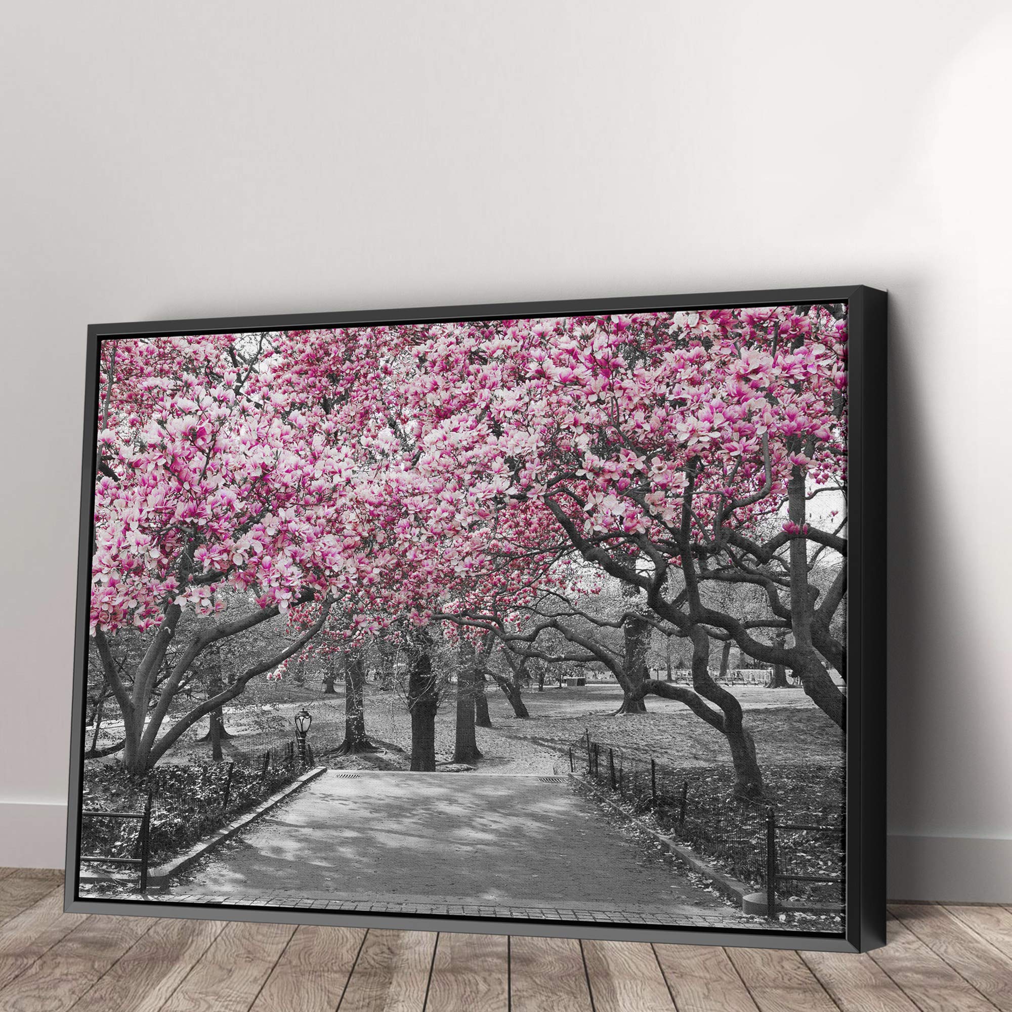 Black and White Wall Art with Pink Blossoms - Modern Framed Canvas Painting 24x18 Inches - Perfect for Living Room, Bedroom, or Office Decor