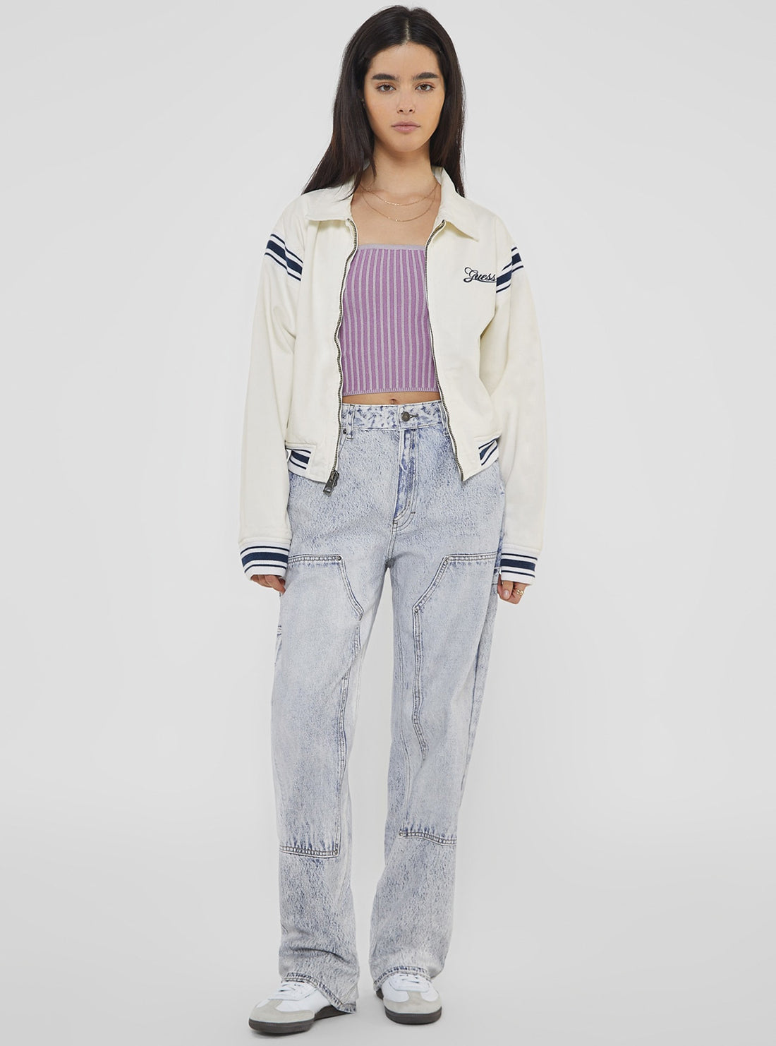 Guess Originals White Cropped Jacket for Women | Stylish Denim Jacket | Perfect for Spring & Summer Outfits | Casual Wear, Street Style, and Date Nights