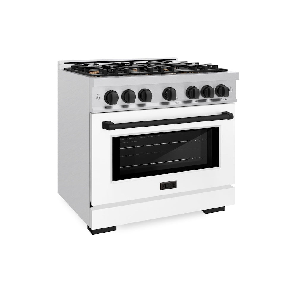 ZLINE Autograph Edition 36 Inch 5.2 Cu Ft Gas Range with 6 Burner Cooktop & Convection Oven - Satin Stainless Steel with White Matte Door & Black Accents (HGRSZ WM 36 MB) - Perfect for Modern Kitchens & Professional Chefs
