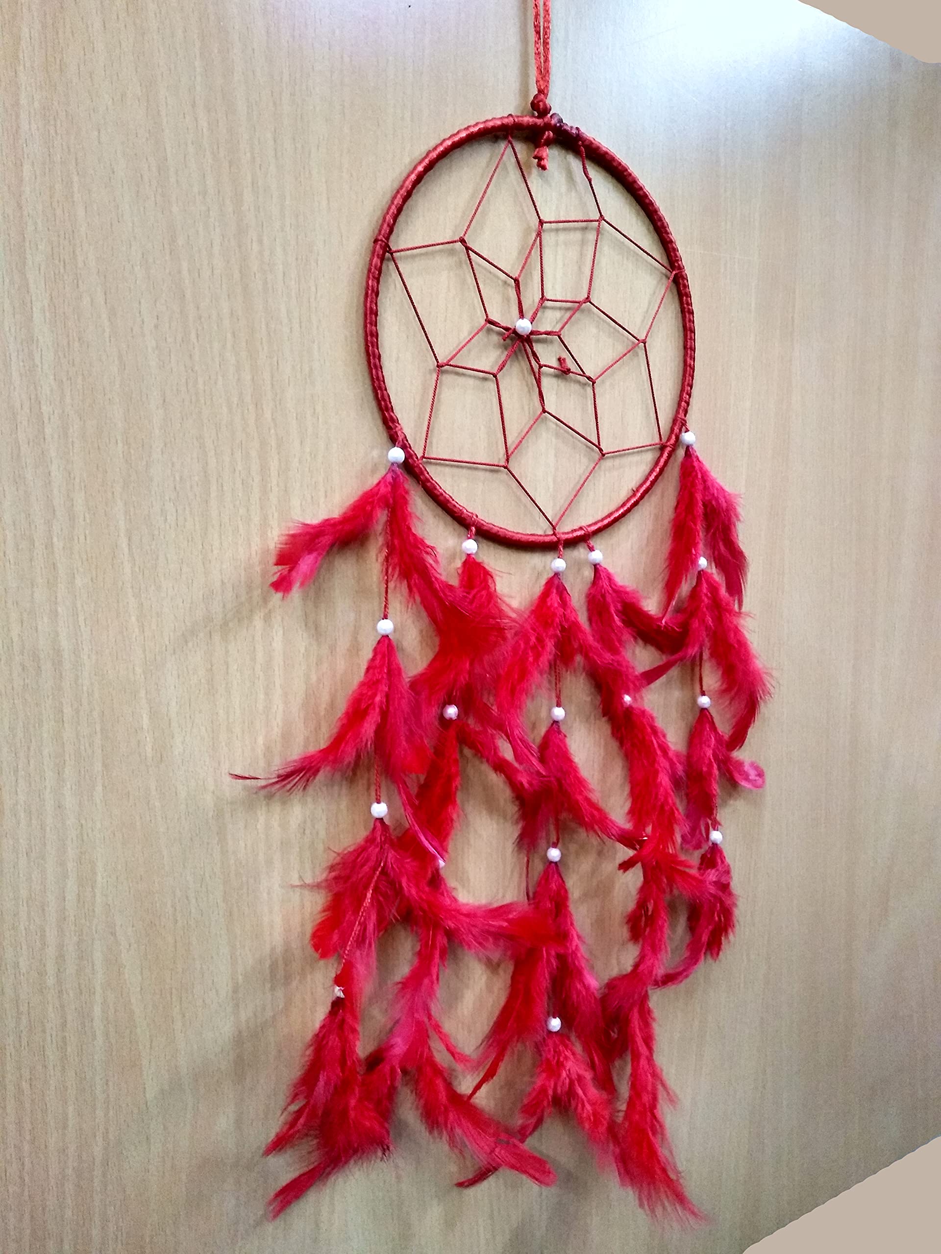 Handmade Dream Catchers Wall Decor - Feather Hanging Ornament for Bedroom, Nursery, Home & Car (Large Red Ring) | Boho Chic Room Decor & Spiritual Gift Idea