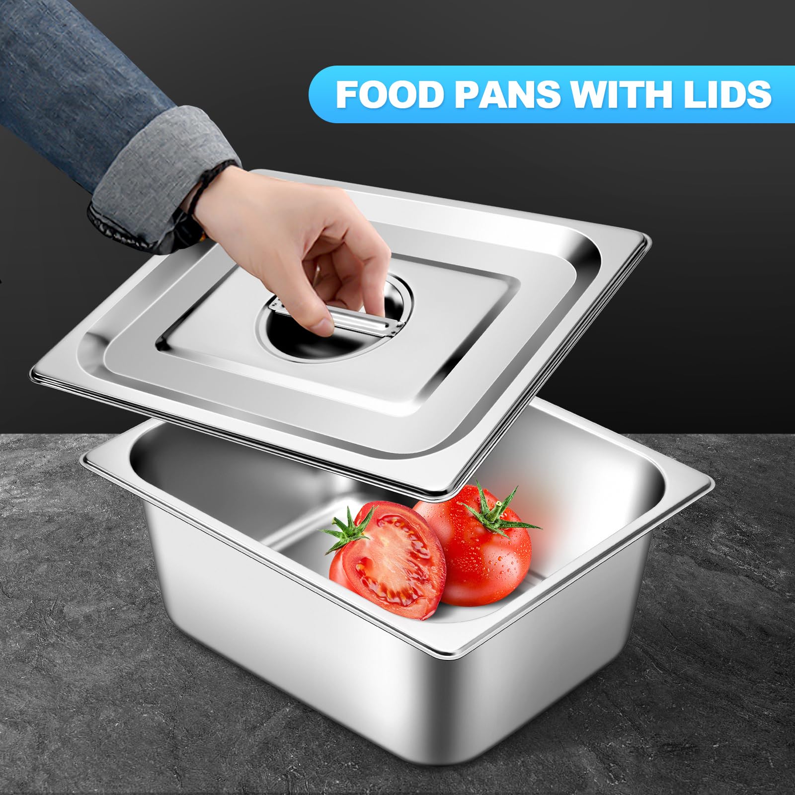 Commercial Stainless Steel Hotel Pan with Lids - 6 Pack Full Size 2.5