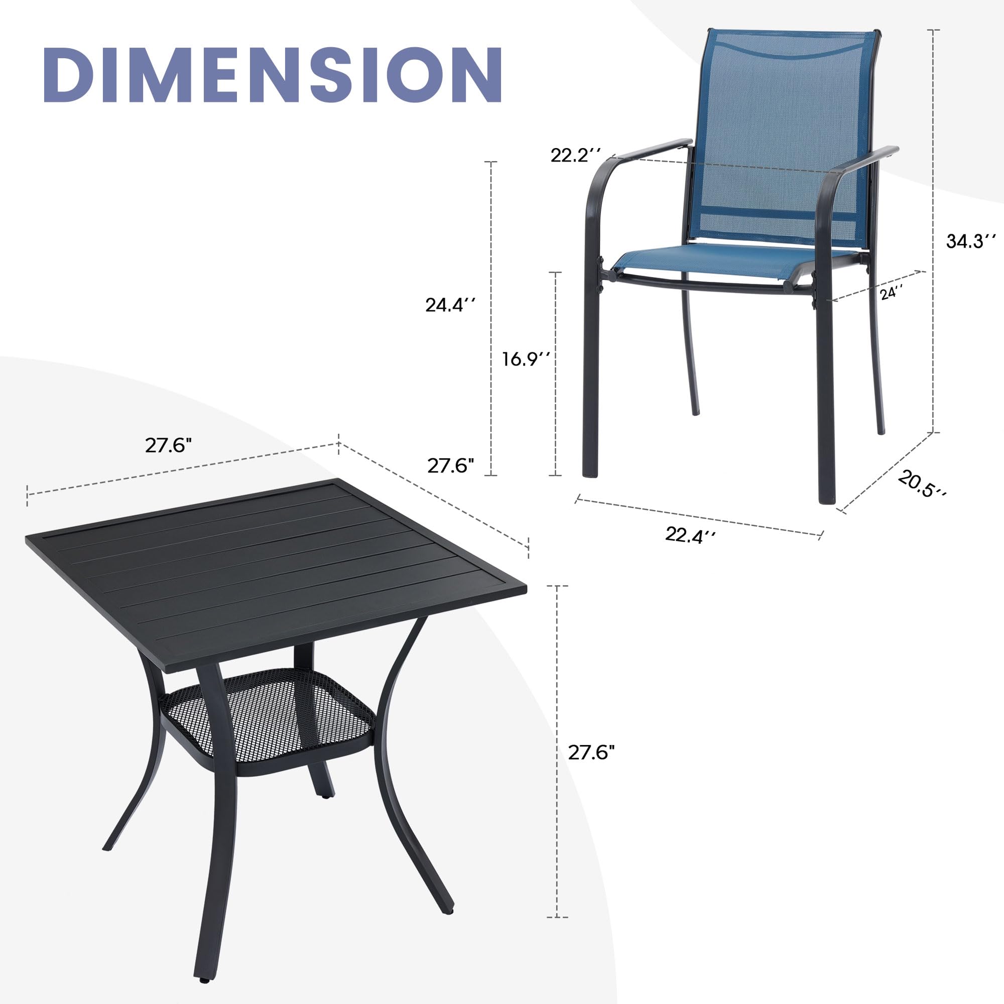 VICLLAX 3-Piece Small Patio Dining Set - Outdoor Stackable Chairs & Table with Storage Shelf (Blue Chairs, Black Table) for Balcony, Garden, Poolside & Backyard Relaxation