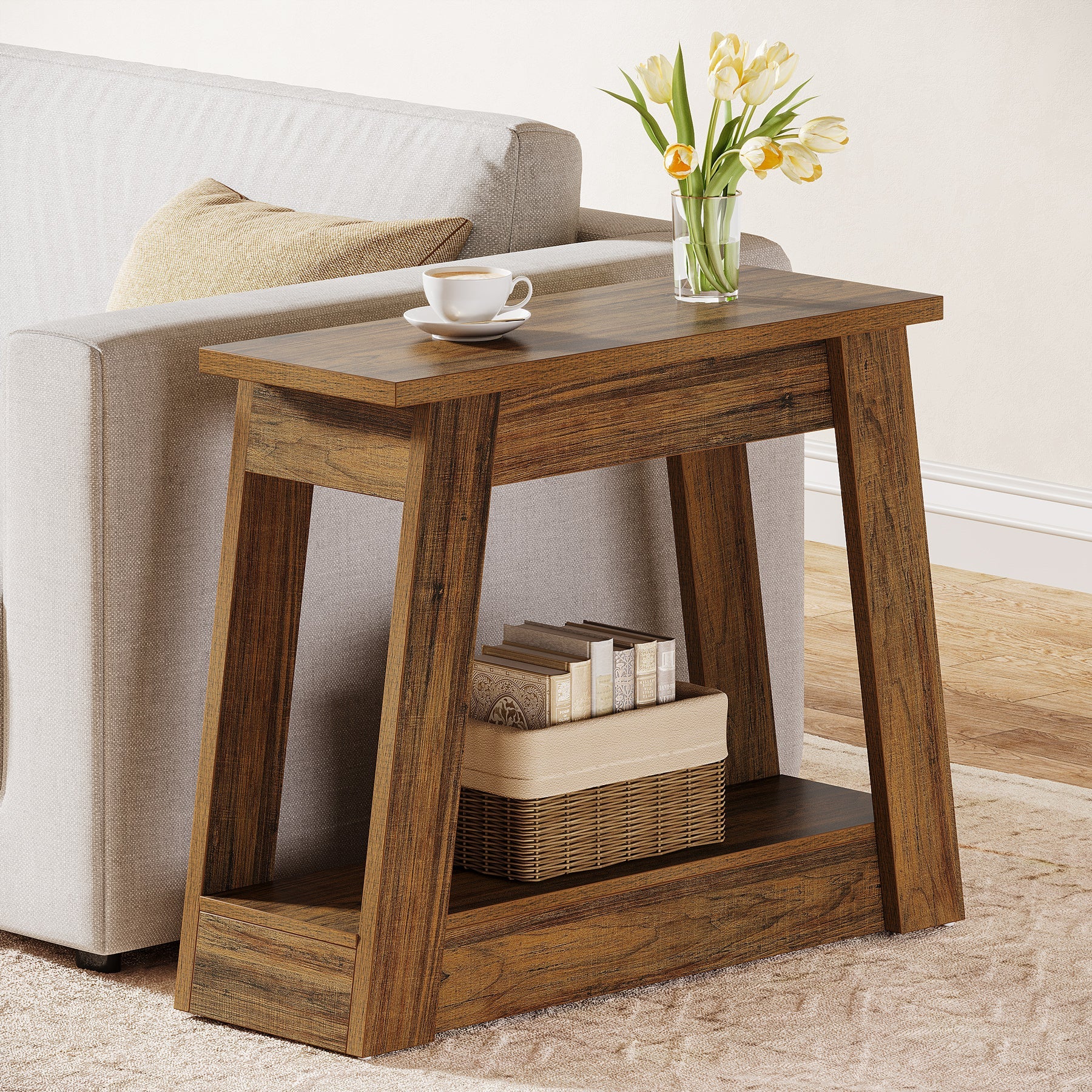 Modern Wood End Table with 2 Storage Shelves - Small Side Table for Living Room, Bedroom & Office - Perfect for Storing Books, Lamps & Decor