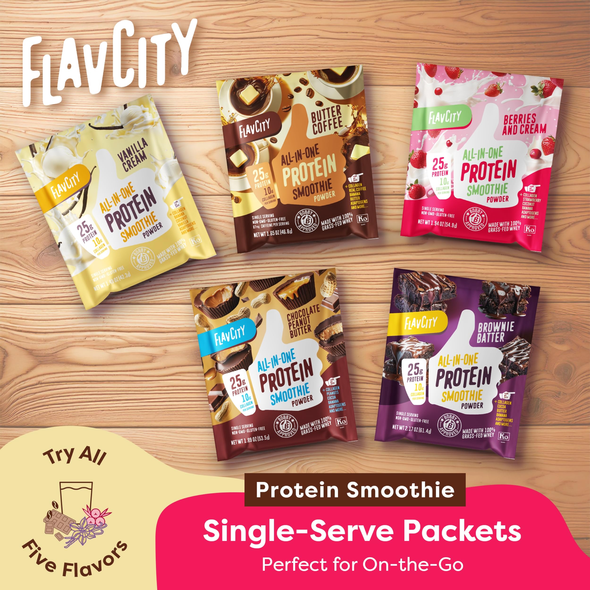 FlavCity All-in-One Protein Smoothie Powder Variety Pack (5 Single Serve Packets) - 100% Grass-Fed Whey Protein with 25g Protein & 10g Collagen - Gluten-Free Pre & Post Workout Drink - Perfect for Gym Recovery, Weight Loss & Healthy Breakfast Smoothies