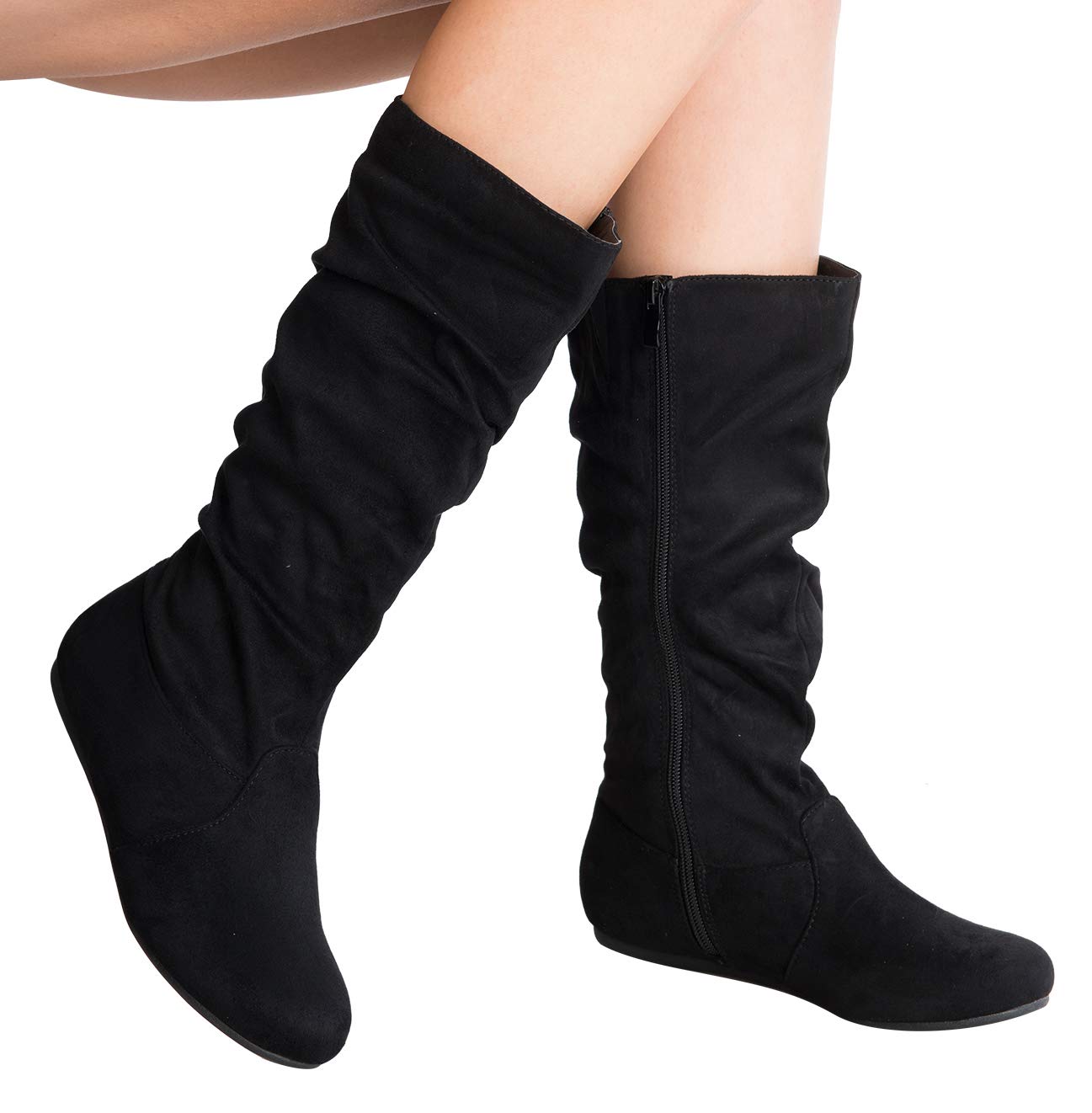 Women's Slouchy Suede Ankle Boots with Side Zipper - Low Heel Mid-Calf Casual Slip On Booties for Everyday Wear, Office & Fall Fashion