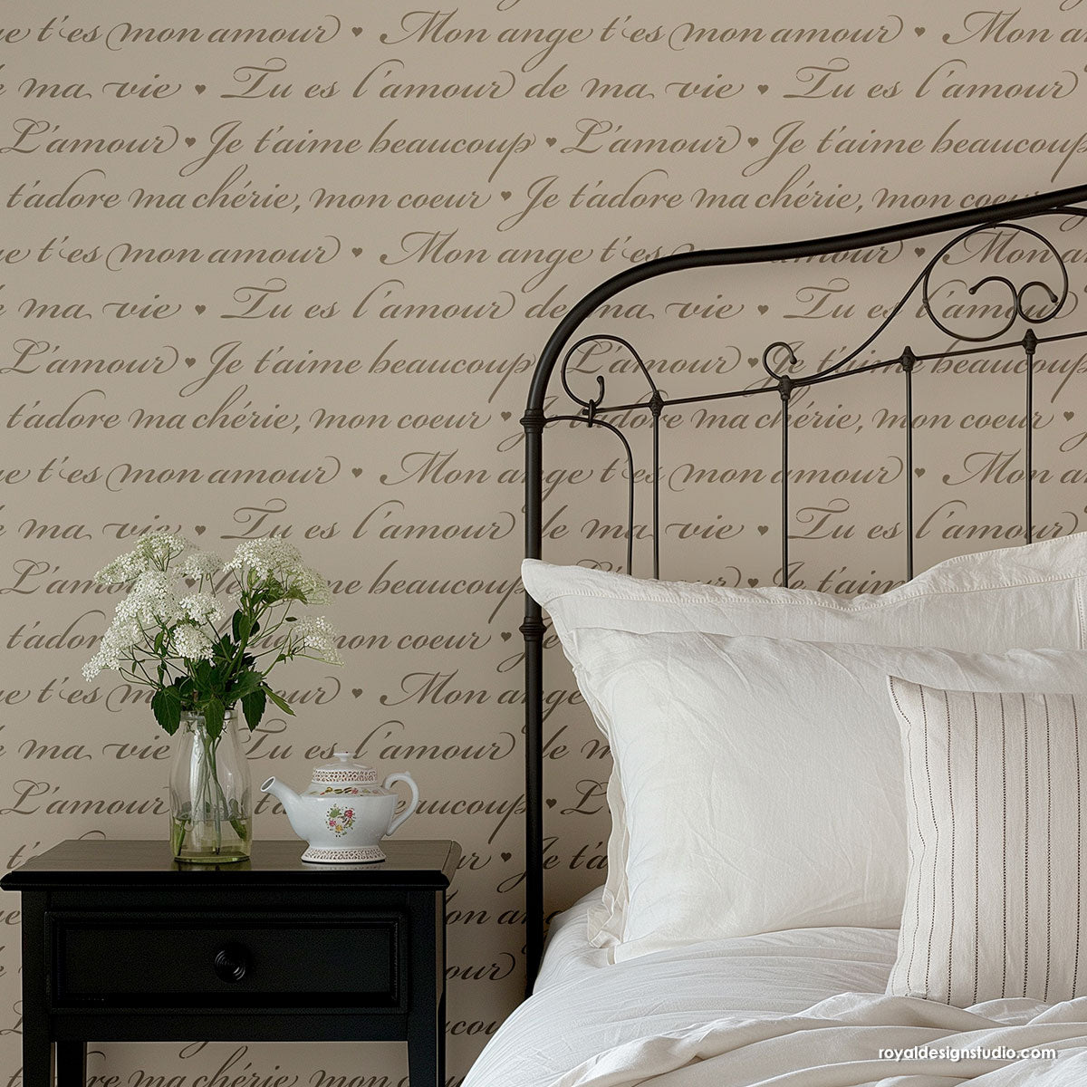 French Love Letters Wall Stencil - Romantic Parisian Decor Stencil for DIY Home Decor, Wedding, Nursery & Bedroom Wall Painting