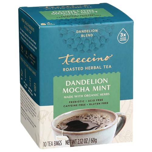 Teeccino Dandelion Mocha Mint Herbal Tea - Caffeine Free, Gluten Free, Prebiotic Rich Roasted Herbal Tea with 3x More Herbs - 10 Tea Bags for Relaxation & Digestive Health