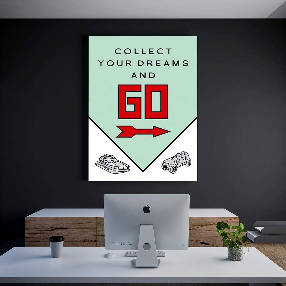 Inktuitive 'Collect And Go' Motivational Canvas Wall Art - Monopoly Pennybags Framed Print 40x30 - Inspirational Home Decor for Living Room, Office & Game Room
