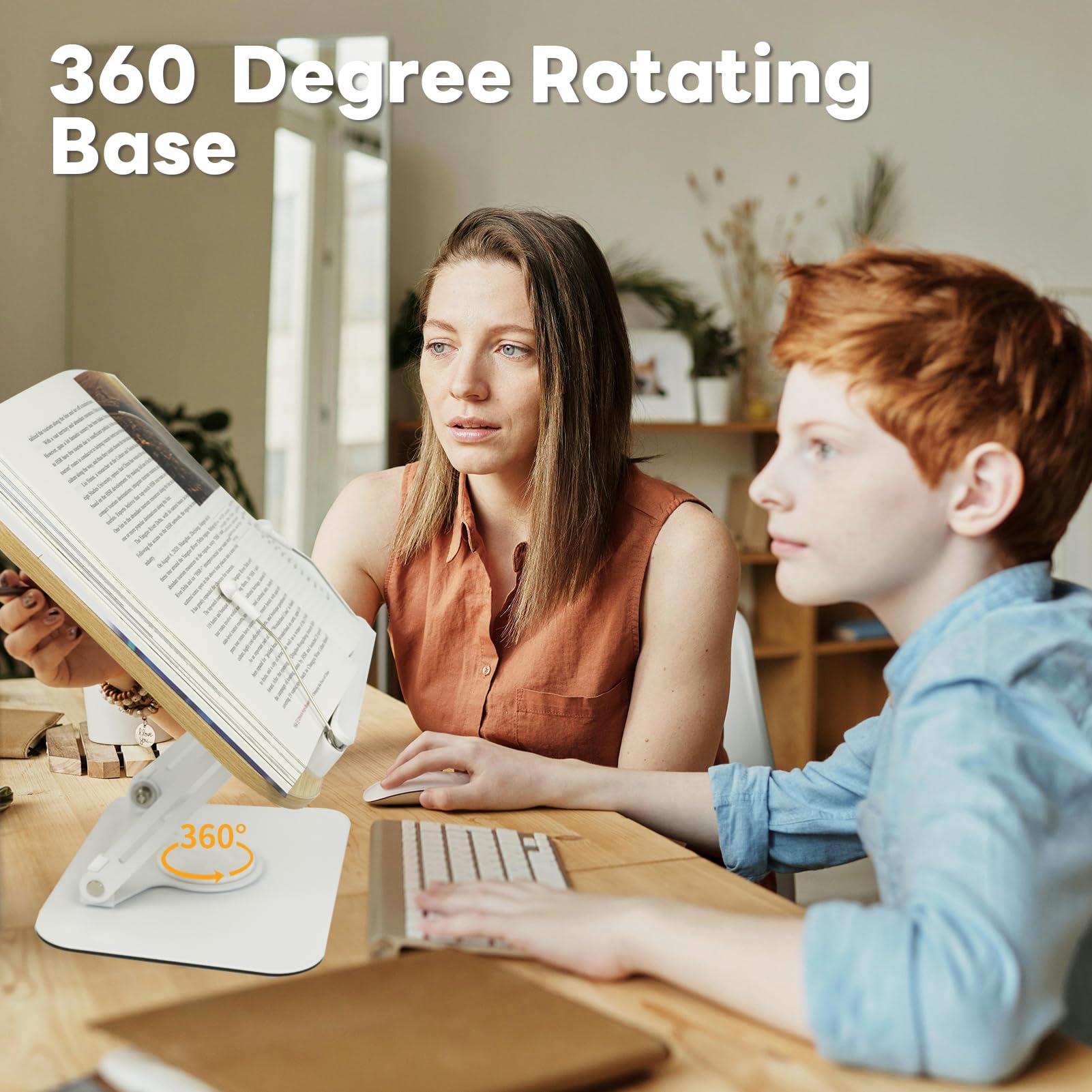 Adjustable Wooden Book Stand for Hands-Free Reading - 360° Swivel Base Desktop Book Holder for Cookbooks, Textbooks, Tablets & Laptops - Perfect for Kitchen, Office, Study & Art Studio Use