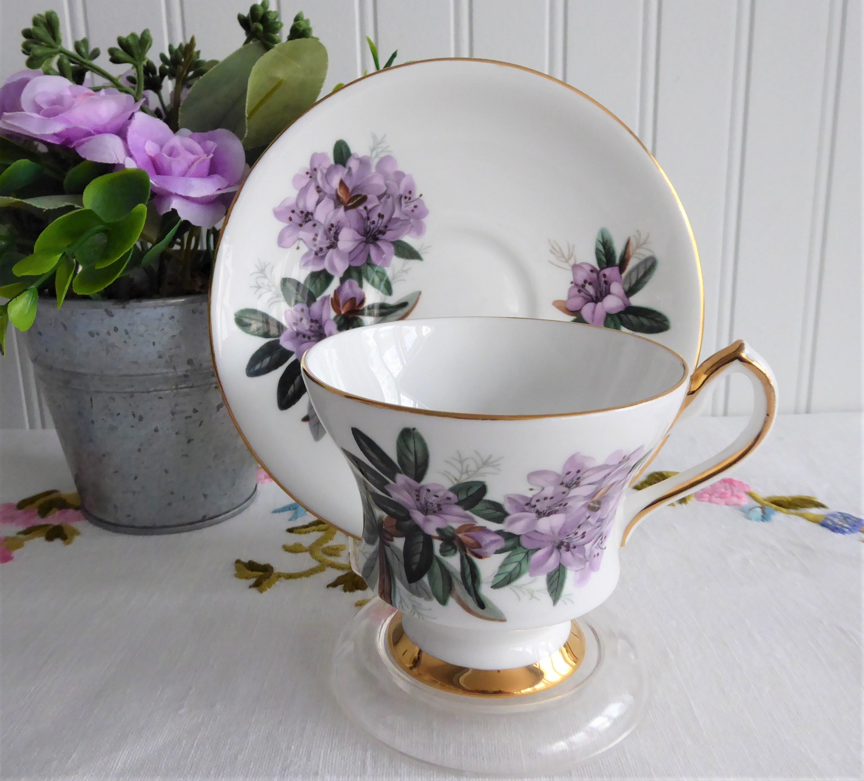 Vintage 1960s English Bone China Cup and Saucer Set with Lavender Azaleas & Rhododendrons Floral Pattern - Perfect for Afternoon Tea, Collectible Tableware, and Gift Giving