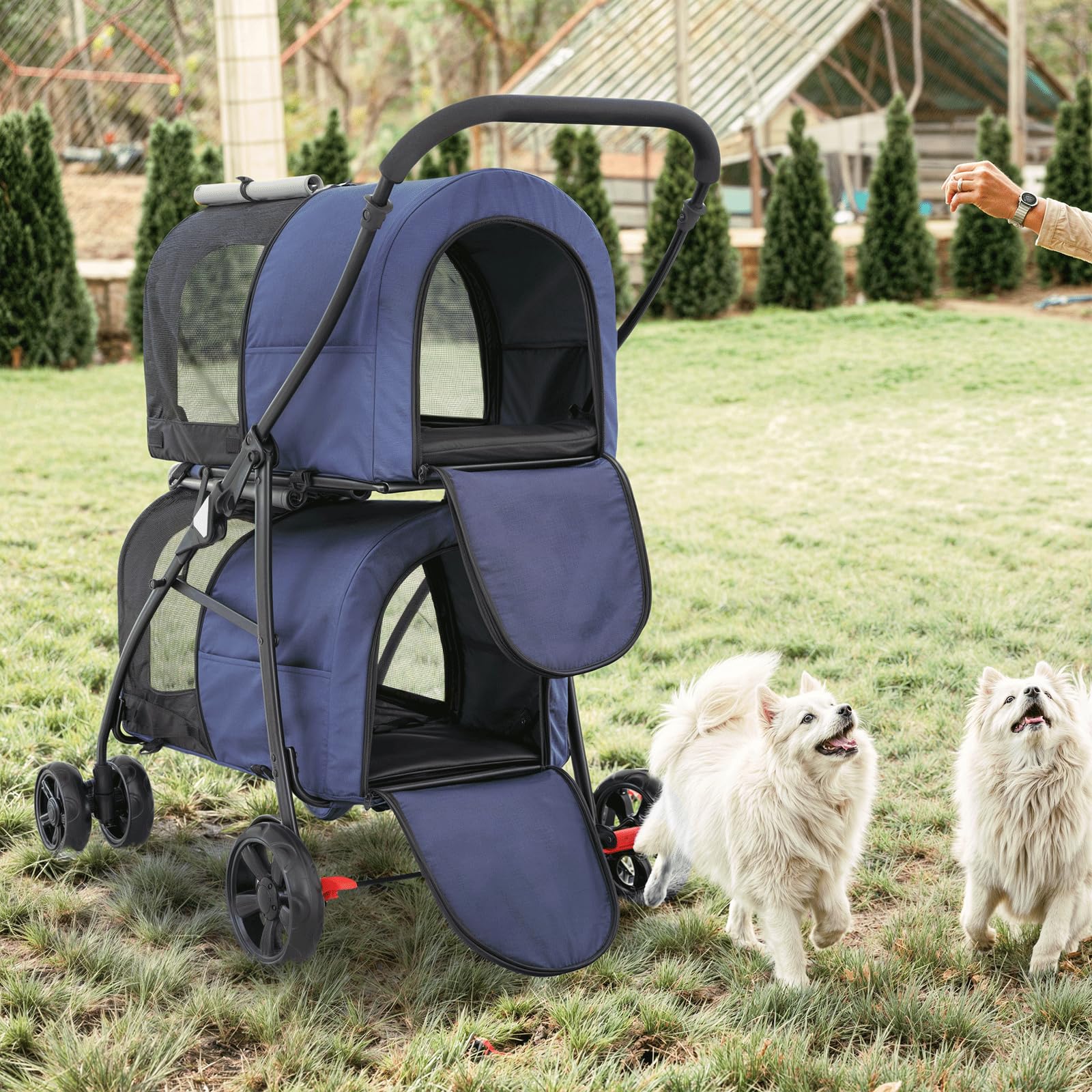 MoNiBloom Double Dog Stroller with Detachable Carrier Bags - Large 4-Wheel Foldable Pet Jogger for Small & Medium Dogs & Cats (Navy Blue/Gray) - Perfect for Outdoor Walks, Park Visits & Vet Appointments