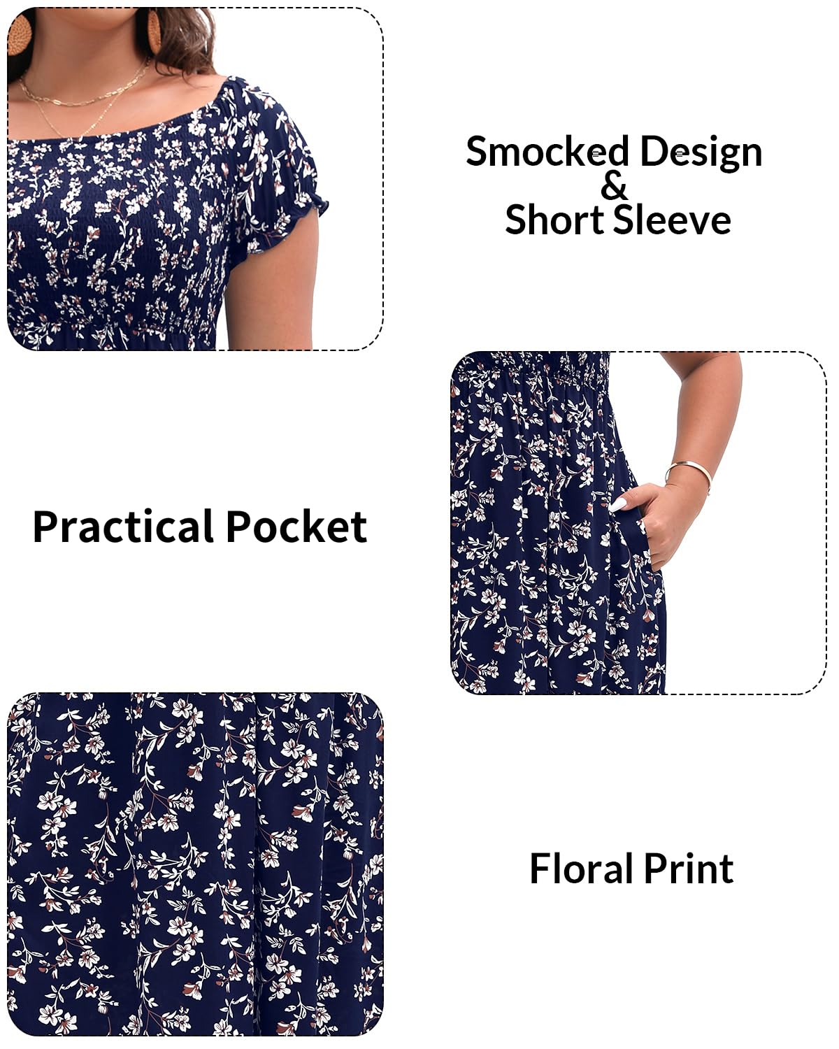 Plus Size Summer Dresses for Women - Floral Boho Casual Off Shoulder Long Maxi Dress with Pockets | Beach Vacation, Outdoor Date, Party Wear