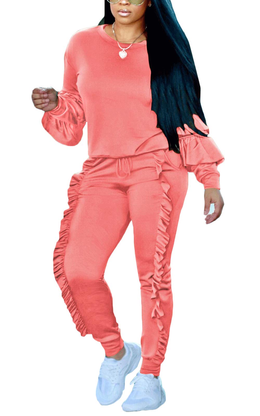 AKMIPOEM Women's 2 Piece Outfits - Ruffle Sleeve Sweatshirt & Long Pants Tracksuit Set, Casual Lounge Wear for Home, Gym, and Street Fashion