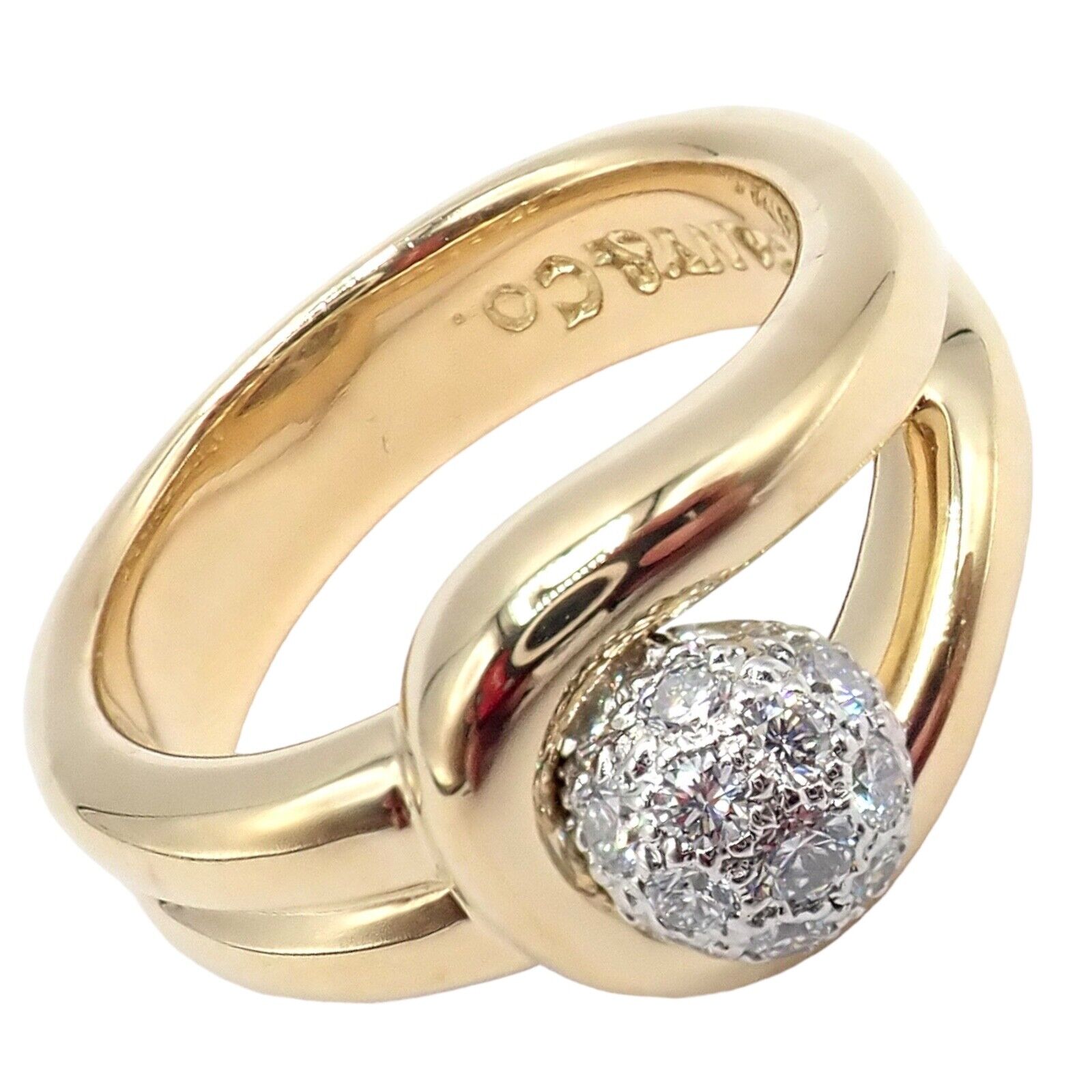 Authentic Tiffany & Co 18k Yellow Gold & Platinum Diamond Ball Ring Size 4.25 - Elegant Jewelry for Weddings, Anniversaries & Special Occasions