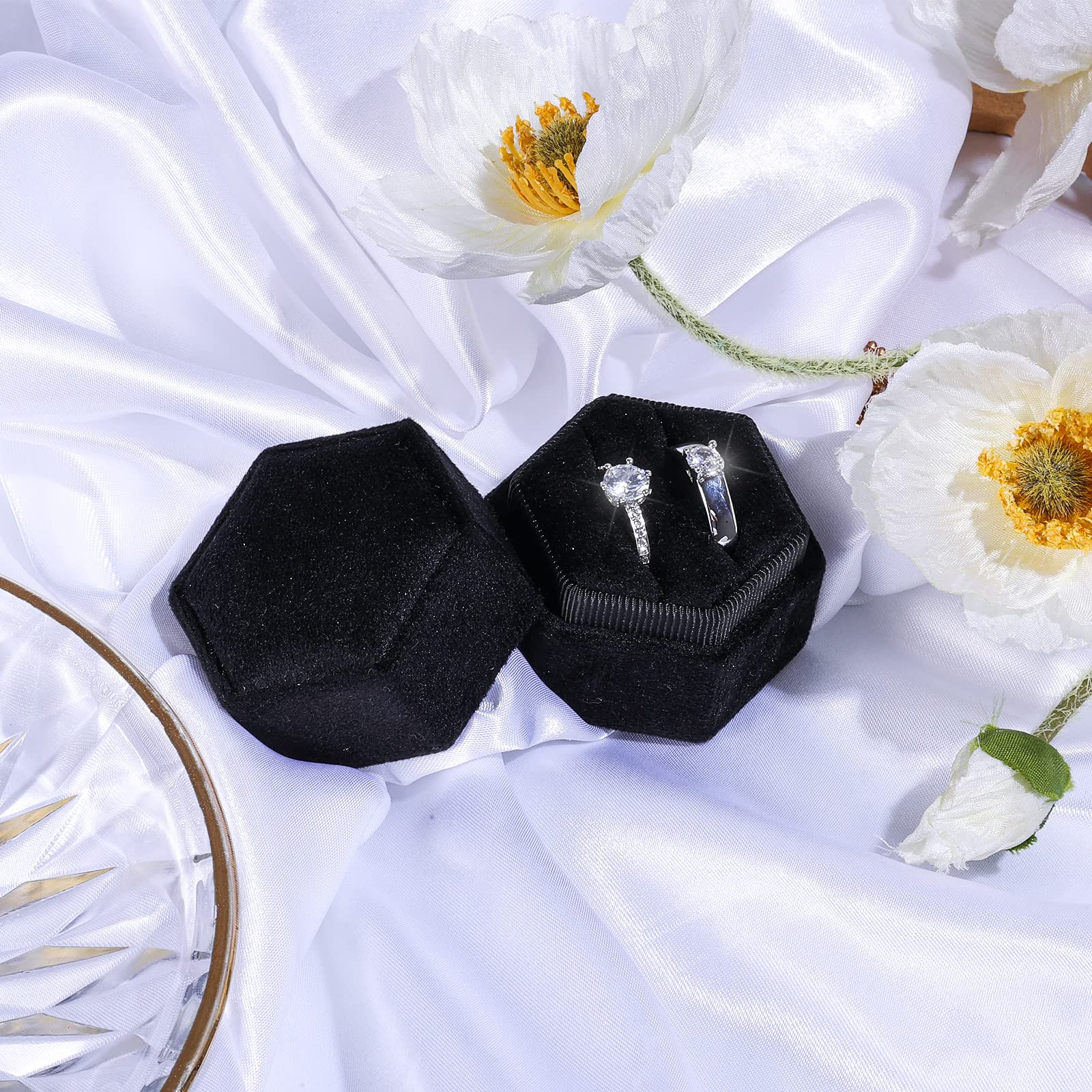 AIEX Velvet Hexagon Ring Box with Double Slots - Premium Jewelry Display Case for Engagement, Wedding & Valentine's Day Proposals - Holds 2 Rings (Black) - Perfect for Romantic Surprises & Wedding Ring Storage