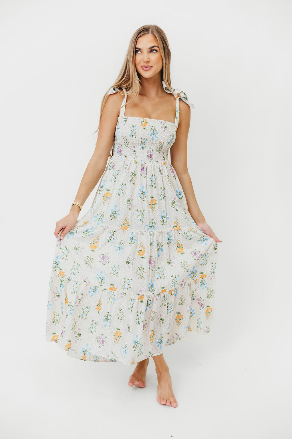 Liliosa Women's 100% Cotton Floral Maxi Dress in Cream - Perfect for Summer Beach Vacations, Garden Parties & Casual Outings