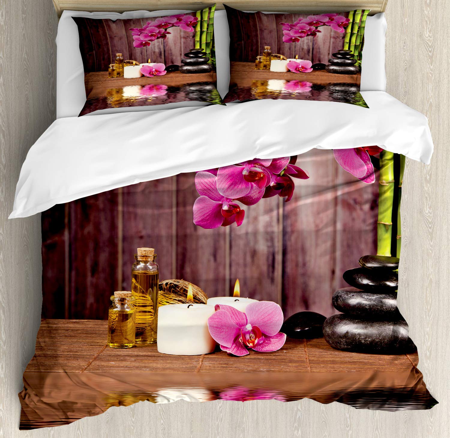 Ambesonne Orchid Duvet Cover Set - Modern Bohemian Style with Floral and Stone Print, 3-Piece Bedding Set Includes Duvet Cover & 2 Pillow Shams (California King, Umber Green Pink) - Perfect for Master Bedroom, Guest Room, and Boho Chic Home Decor