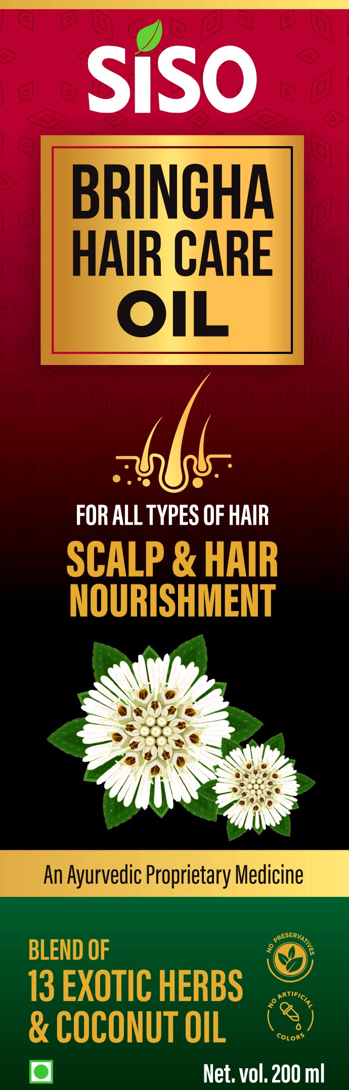Siso Bringha Herbal Hair Oil 200ml - 100% Ayurvedic Natural Hair Growth Treatment with 13 Exotic Herbs & Coconut Oil - Perfect for Dry, Damaged Hair & Scalp Care at Home