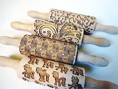 4-Piece Wooden Laser Cut Mini Rolling Pin Set for Kids - Cookie, Play Dough, Salt Dough & Clay - Laser Engraved Embossing Patterns (Choose Your Design) - Perfect for Baking, Crafts & DIY Homemade Cookies
