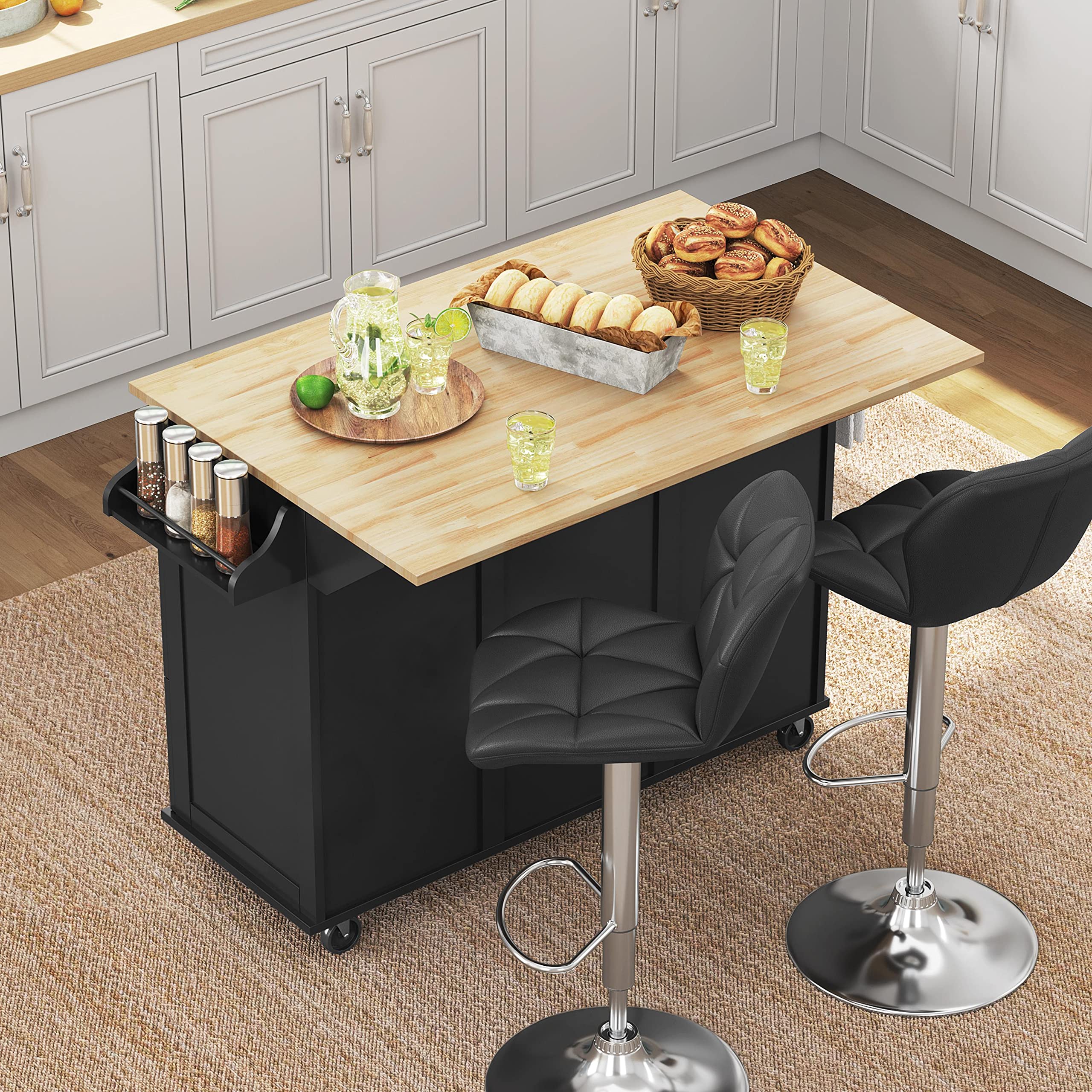 Topeakmart Black Mobile Kitchen Island with Foldable Countertop - Kitchen Cart with Storage Cabinet, 3 Drawers & Spice Rack - Perfect for Small Kitchens, Dining Rooms & Food Prep Areas