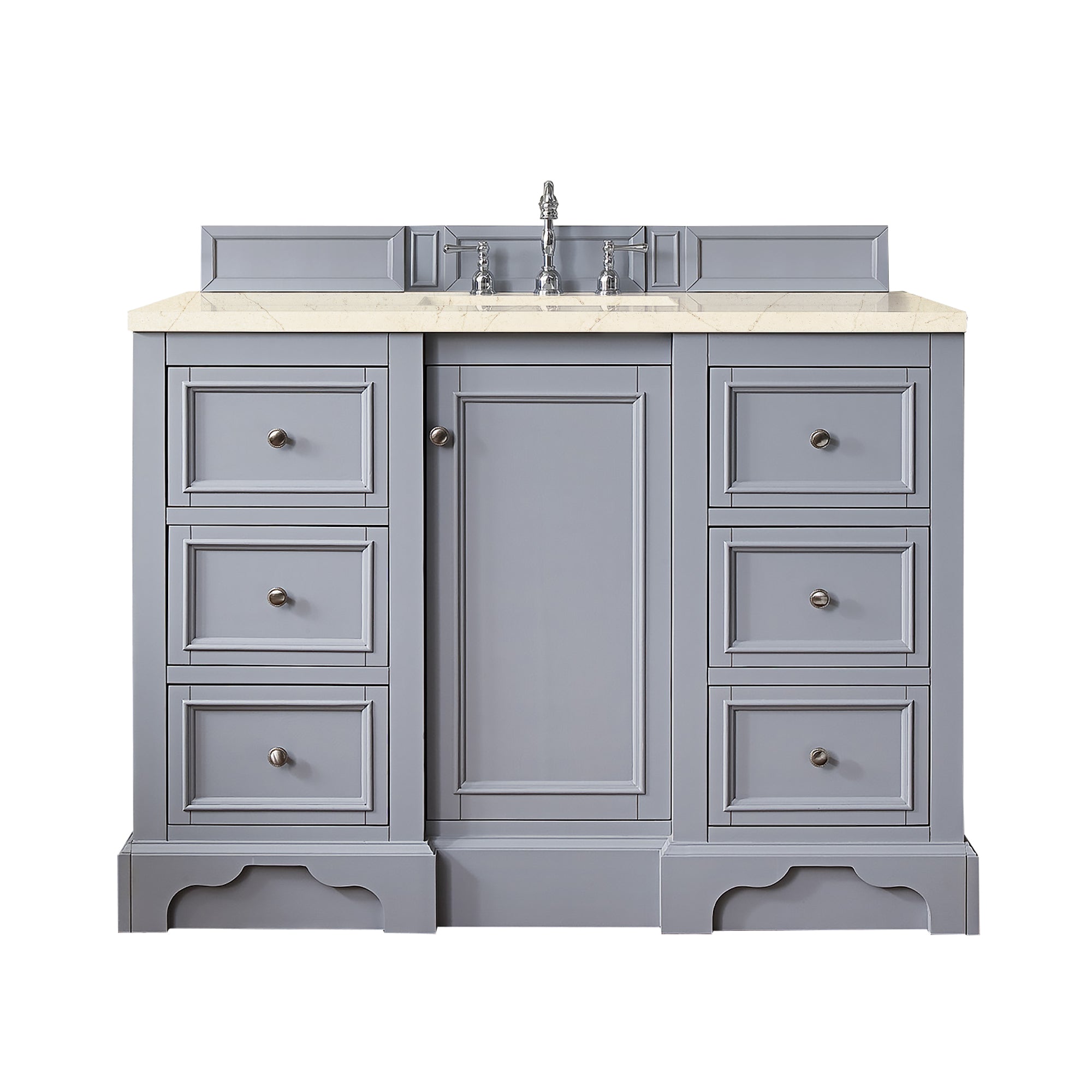 De Soto 48 Inch Single Bathroom Vanity in Silver Gray with 3CM Eternal Marfil Quartz Top – Perfect for Modern Bathroom Renovations & Small Space Designs