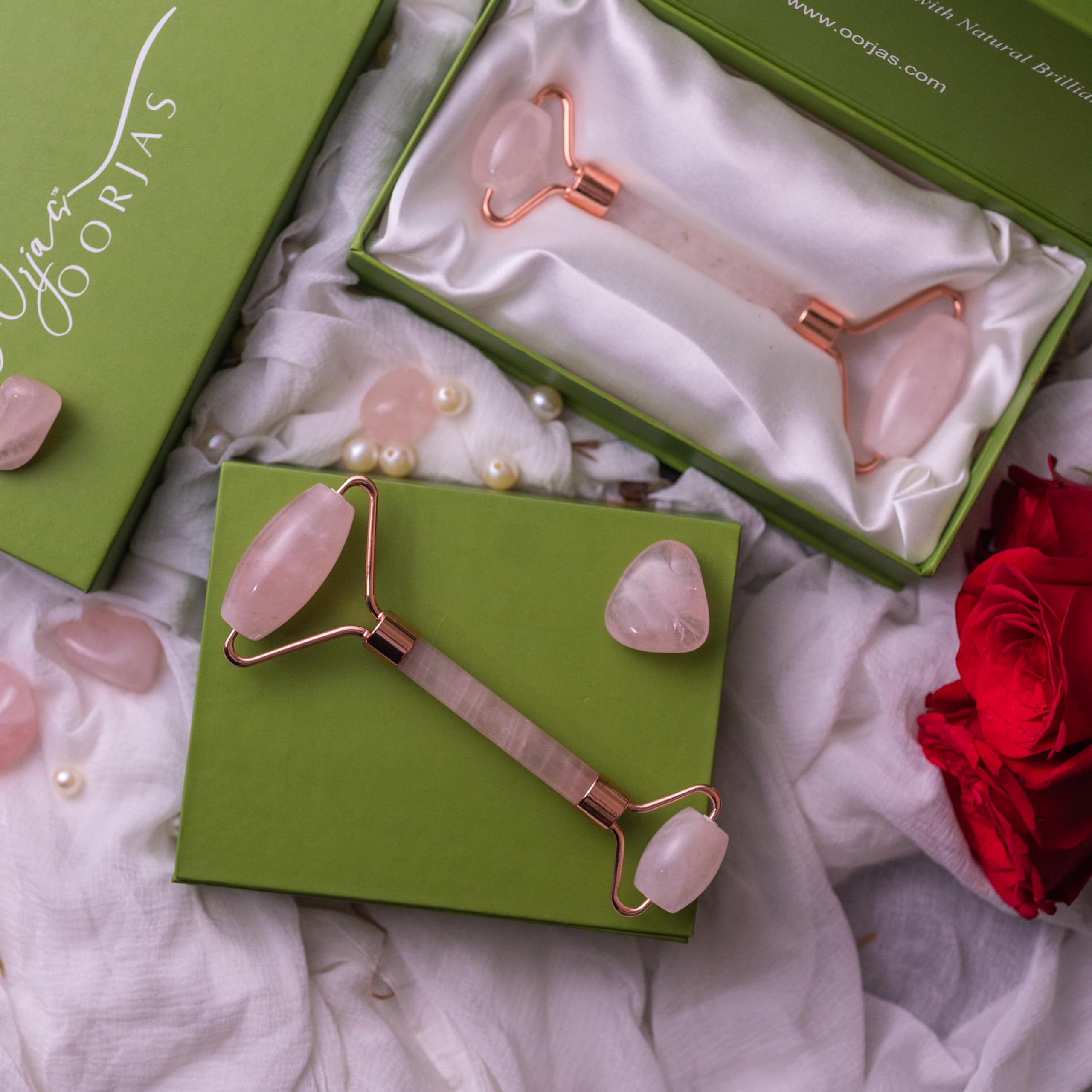 Oorjas Rose Quartz Face Roller & Gua Sha Set - 100% Natural Stone for Dark Circles & Wrinkles Reduction - Lab Tested Certificate - Skin Toning & Relaxation - Perfect for Morning Routine & Spa Night Self-Care
