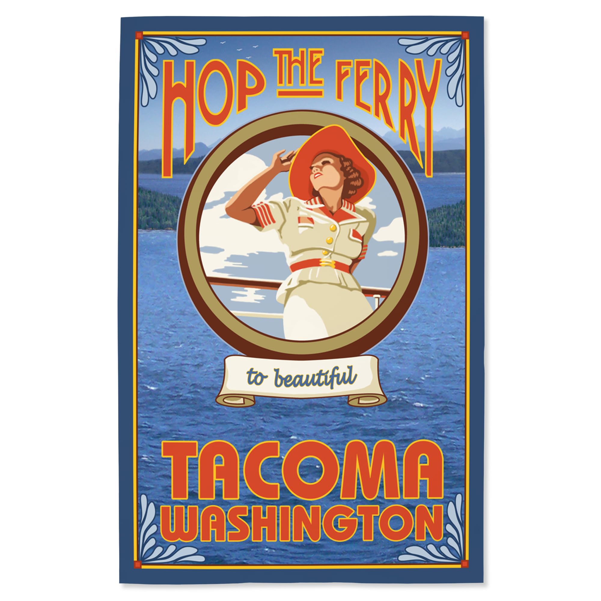 Lantern Press 16x24 Inch Giclee Art Print - Tacoma Washington Landscape with Woman Riding Ferry - Wall Decor for Living Room, Bedroom & Office