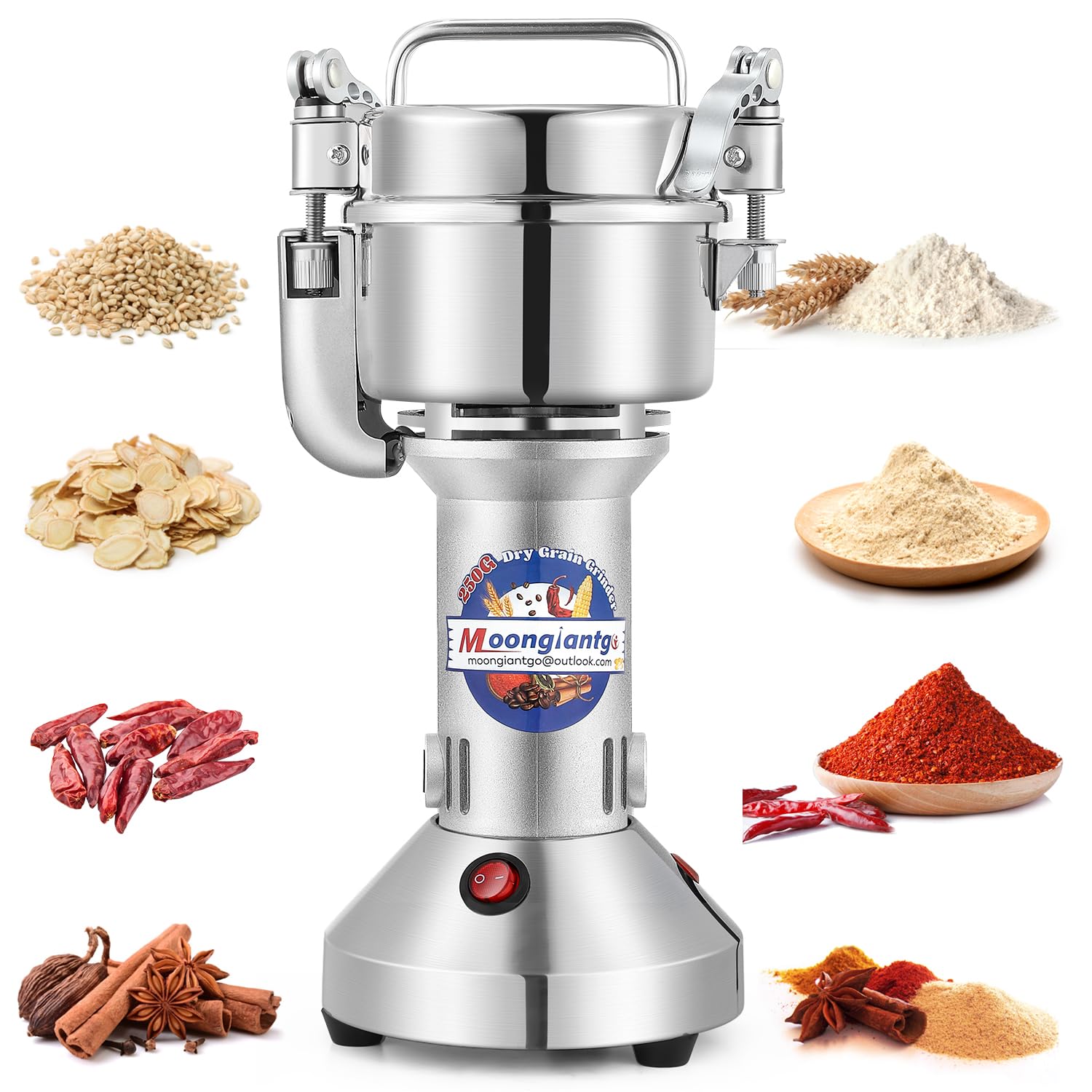 Moongiantgo 950W High-Speed Electric Grain Grinder - Stainless Steel Dry Spice Mill for Wheat, Corn, Rice, Coffee Beans & Herbs - 250g Capacity Safety Grinder for Home & Commercial Kitchen Use (110V) - Perfect for Baking, Coffee Brewing & Spice Preparation