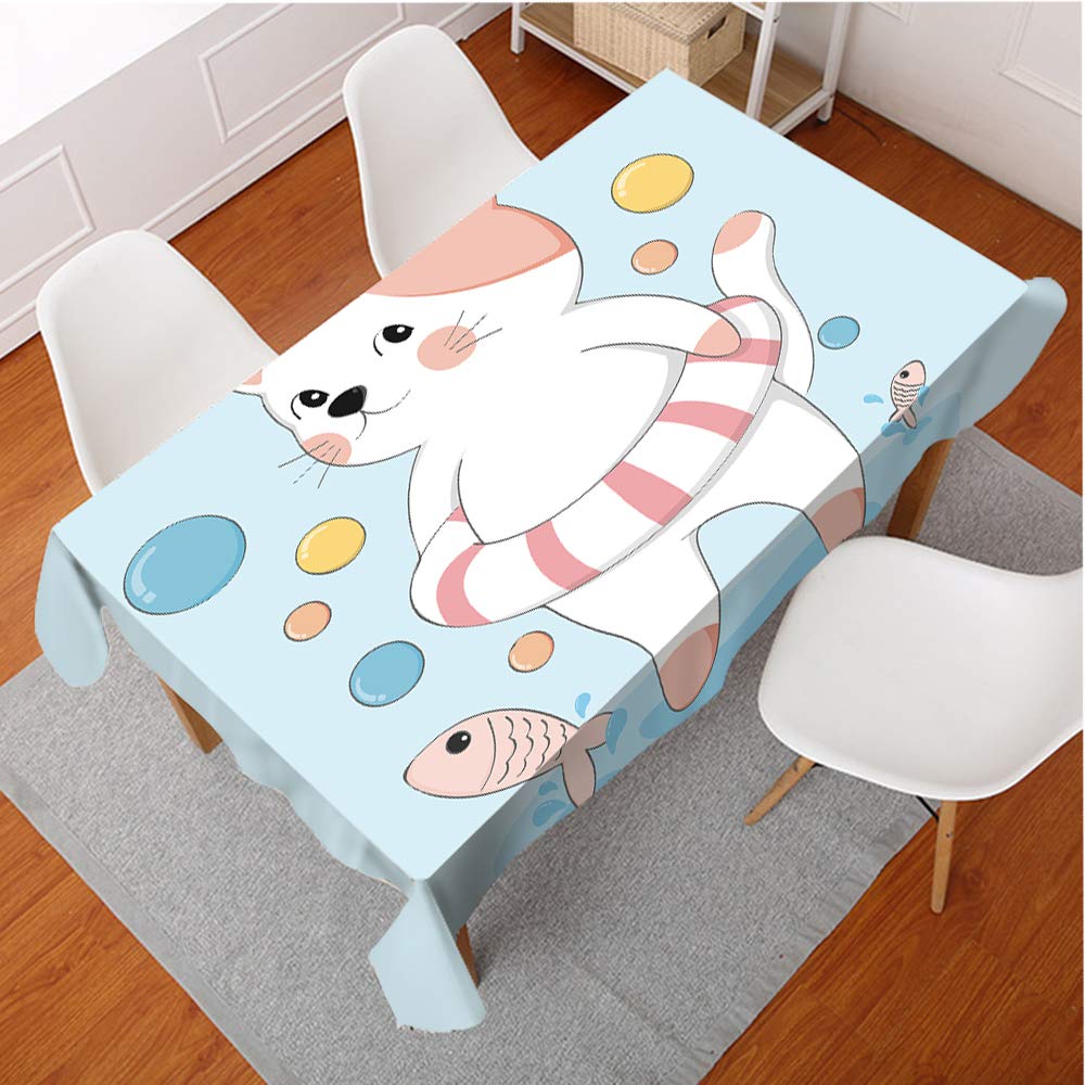 Cute Cat with Life Buoy Fishing Tablecloth - Waterproof Rectangle Kitchen Dining Table Cover for Parties, End Tables - Perfect for Seafood Dinners & Beach-Themed Decor