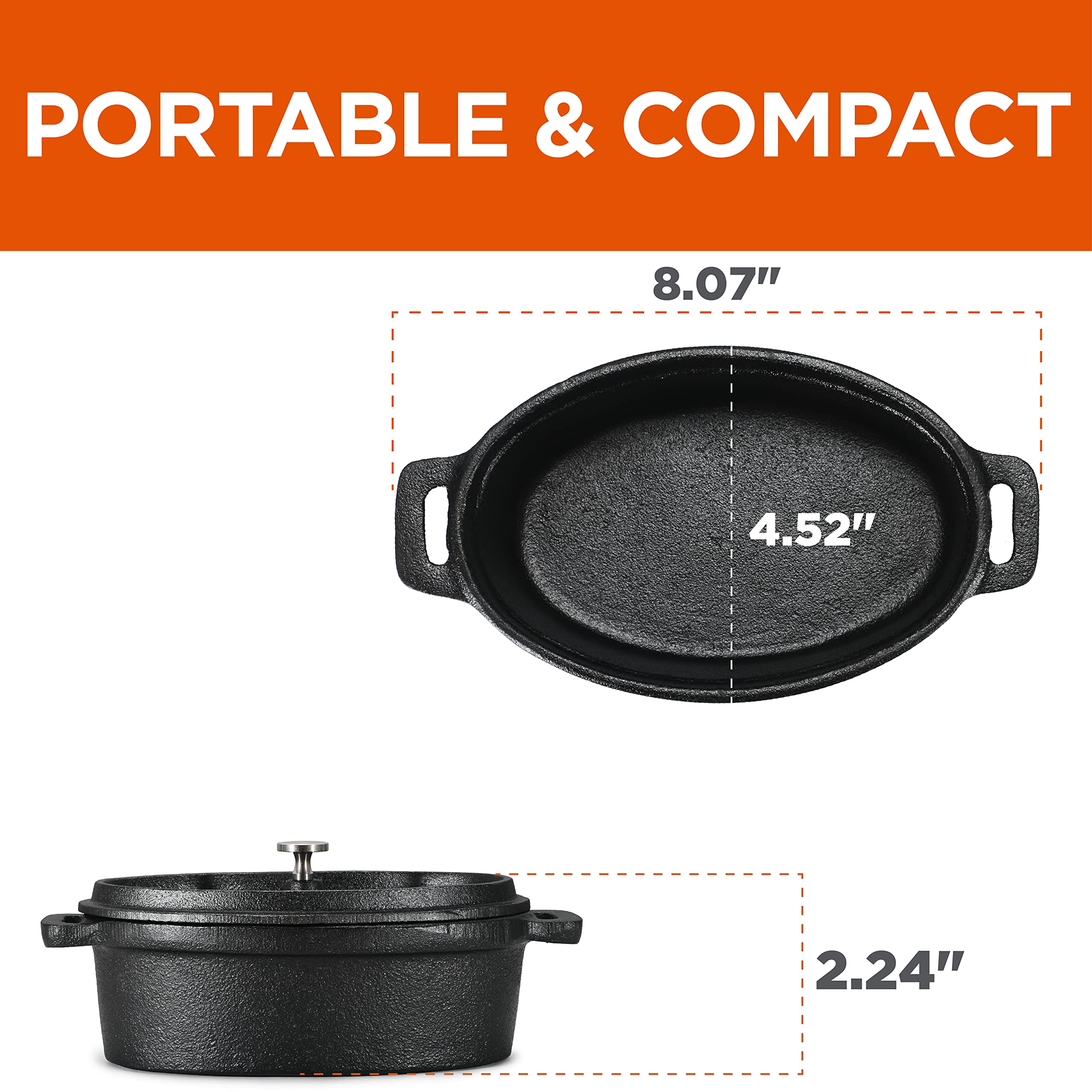 Commercial Chef 0.63 Qt Mini Cast Iron Casserole Dish with Lid - Small Dutch Oven for Baking, Roasting & Serving - Perfect for Individual Desserts, Side Dishes & Camping Cookware