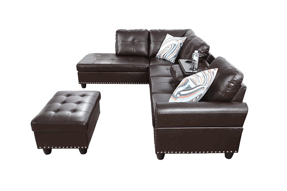 Modern Left-Facing Sectional Sofa with Ottoman & Cup Holders - Brown Faux Leather for Living Room | Perfect for Small Spaces, Family Gatherings & Movie Nights