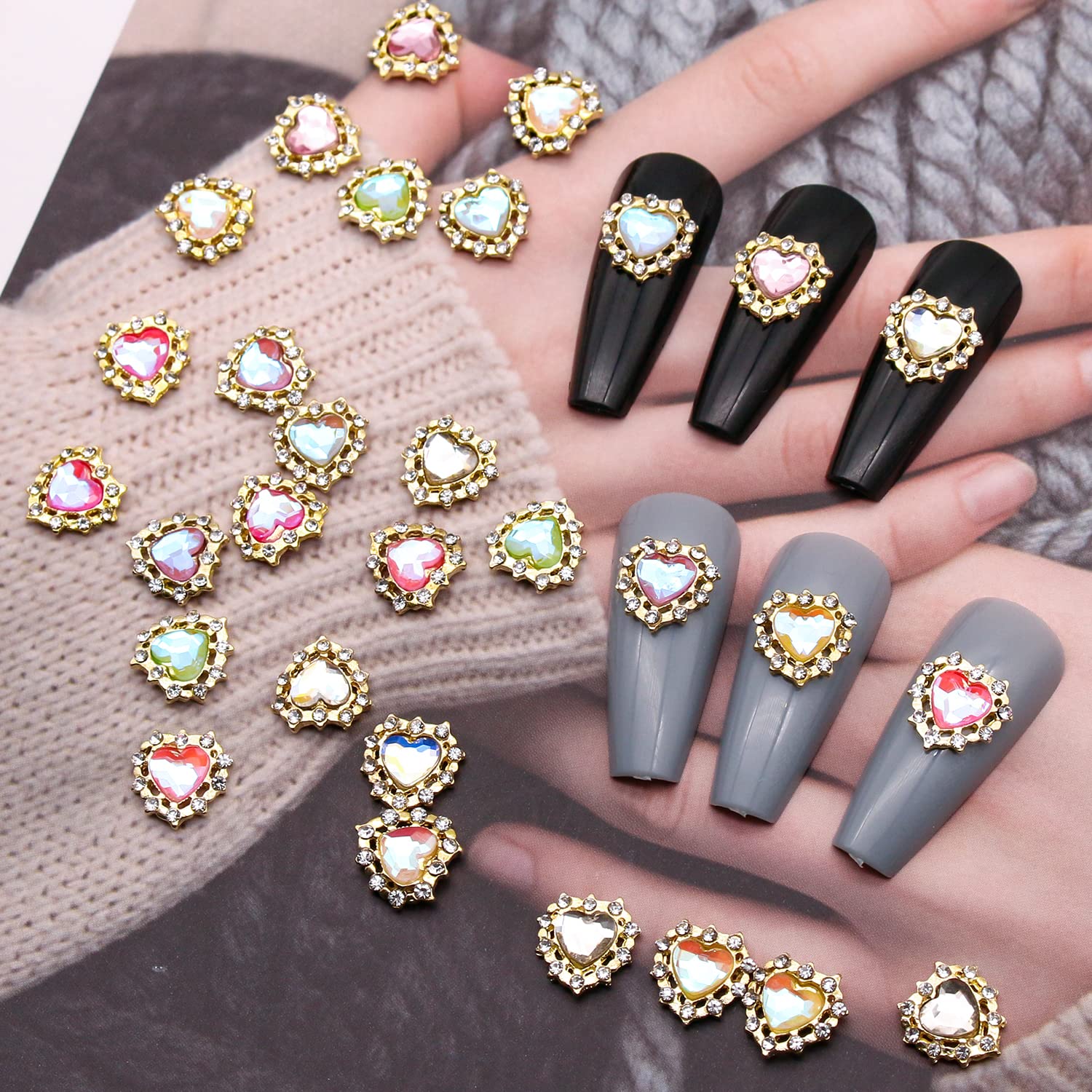 30pcs 3D Heart Nail Charms - Gold Alloy Rhinestone Crystal Diamond Nail Art Decorations for DIY Manicure, Nail Salon & Party Nail Jewelry Accessories