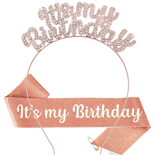 Girls Birthday Crown Set - Cute Rose Gold Tiara, Sash & Headband for Women | Birthday Party Decorations & Gifts | Perfect for Princess Themed Parties, Quinceañeras & Special Celebrations