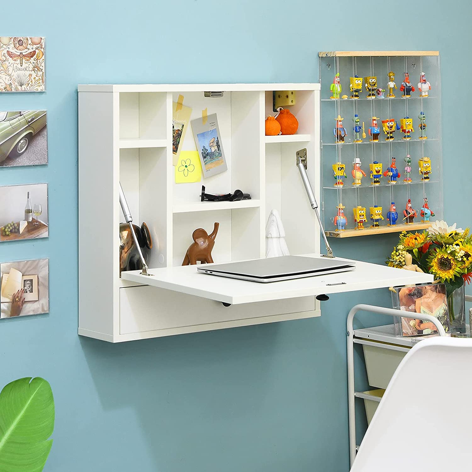 CHEFJOY 2-in-1 Floating Wall Mounted Desk with Foldable Tabletop & Storage Compartments - Space Saving Fold Down Laptop Desk for Home Office, Bedroom & Small Spaces (White) - Perfect for Remote Work, Study Nook & Compact Living Areas