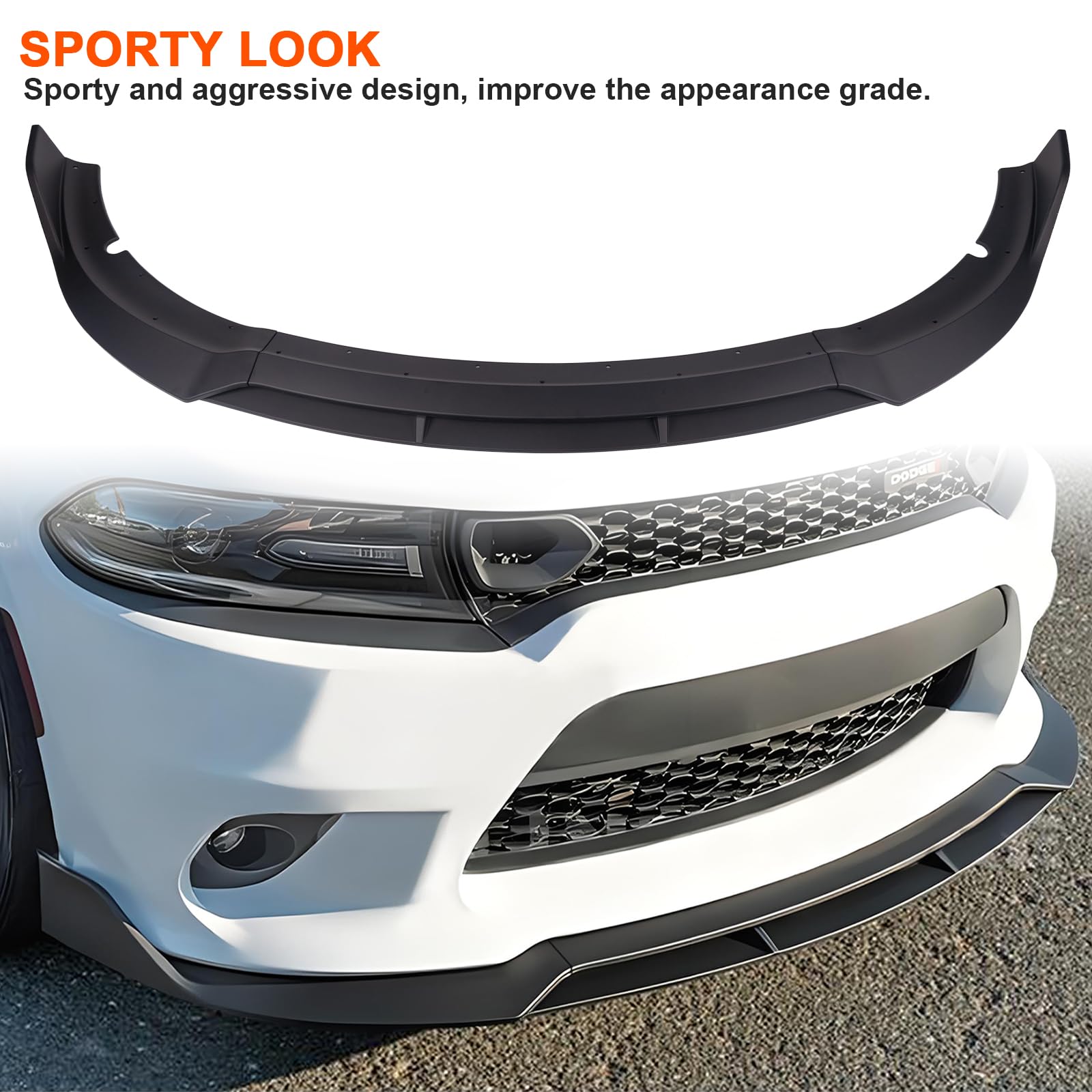 4PCS Front Bumper Lip for Dodge Charger SRT 2015-2022, ABS Lower Chin Spoiler Splitter Diffuser Body Kit - Matte Black | Enhances Aerodynamics & Aggressive Styling for Street Racing & Car Shows