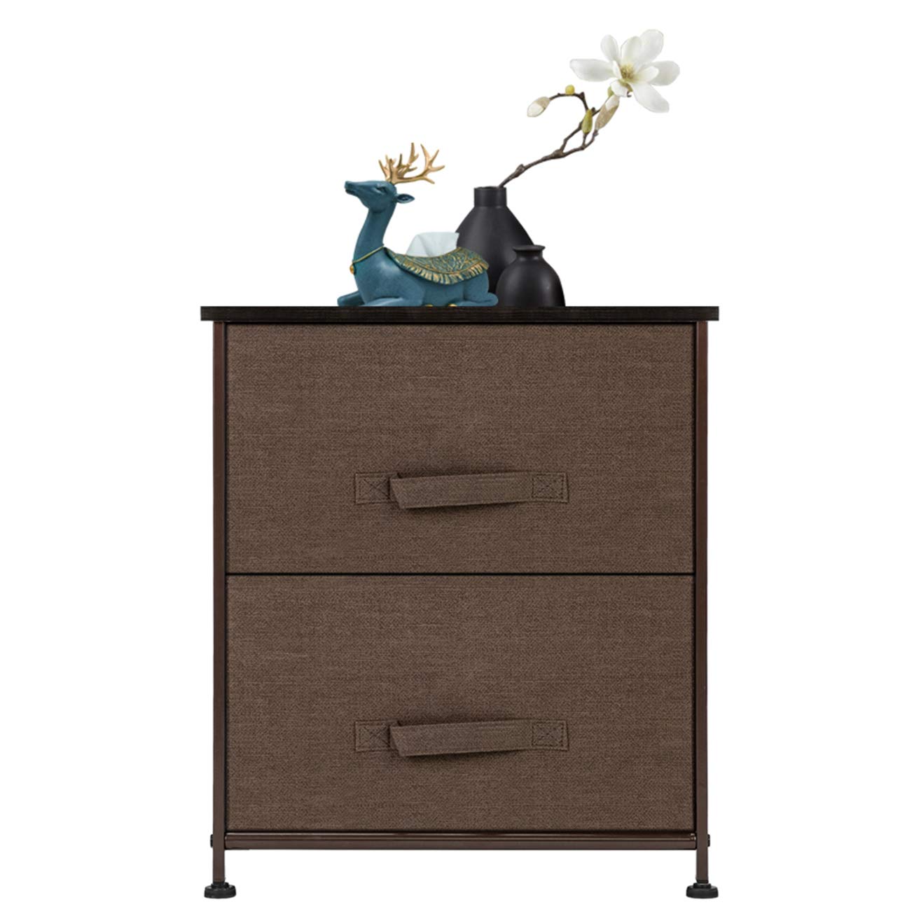 2-Drawer Nightstand with Storage Bins - Sturdy Steel Frame & Wood Top End Table - Easy Pull Fabric Drawers for Bedroom Organization - Brown Textured Print (Perfect for Small Spaces, Apartments & Dorm Rooms)