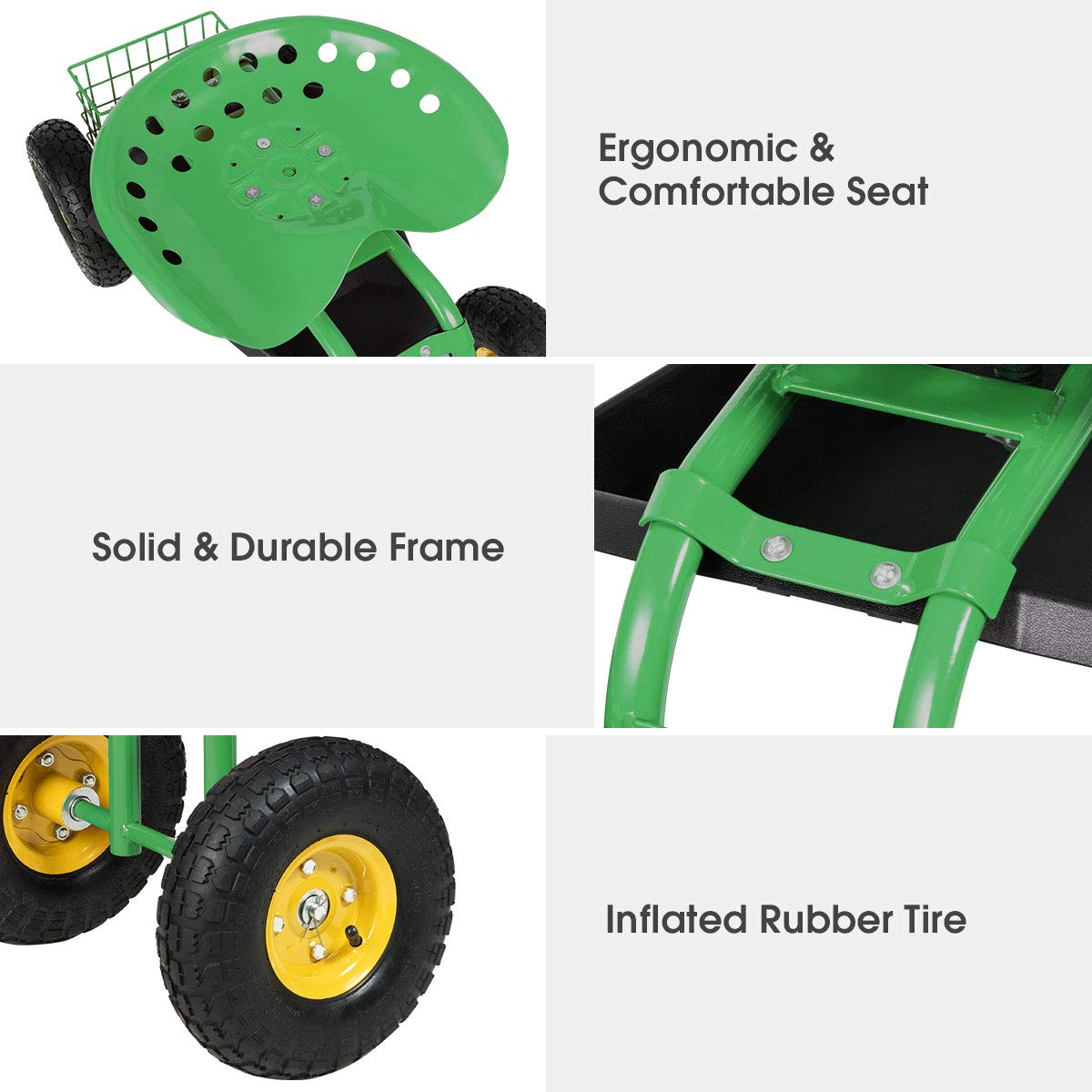 Heavy Duty Garden Cart with Adjustable Swivel Seat - Rolling Work Seat for Planting, Gardening, and Yard Work - Includes Tool Tray & Storage Basket - Perfect for Landscaping, Farm Work, and Outdoor Projects