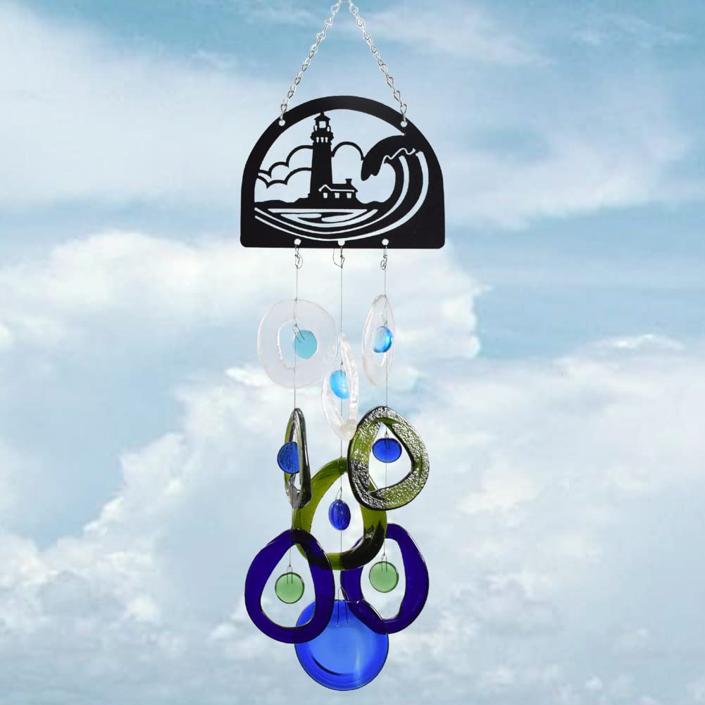 Eco-Friendly Recycled Glass Bottle Wind Chime with Nautical Lighthouse Design - Perfect for Coastal Home Decor and Outdoor Garden Ambiance