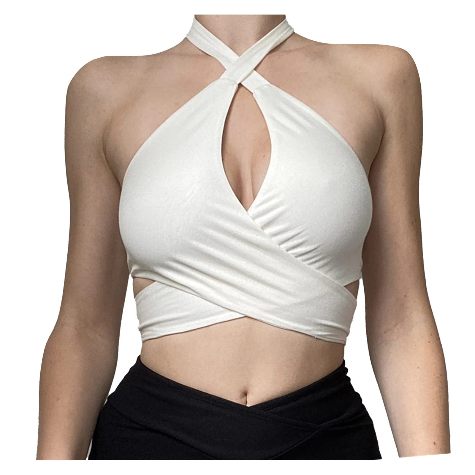 Women's Patriotic Racerback Tank Tops - Sexy Cutout Sleeveless Crop Top with Crisscross Halter Design | Perfect for 4th of July, Summer Workouts & Beach Outfits