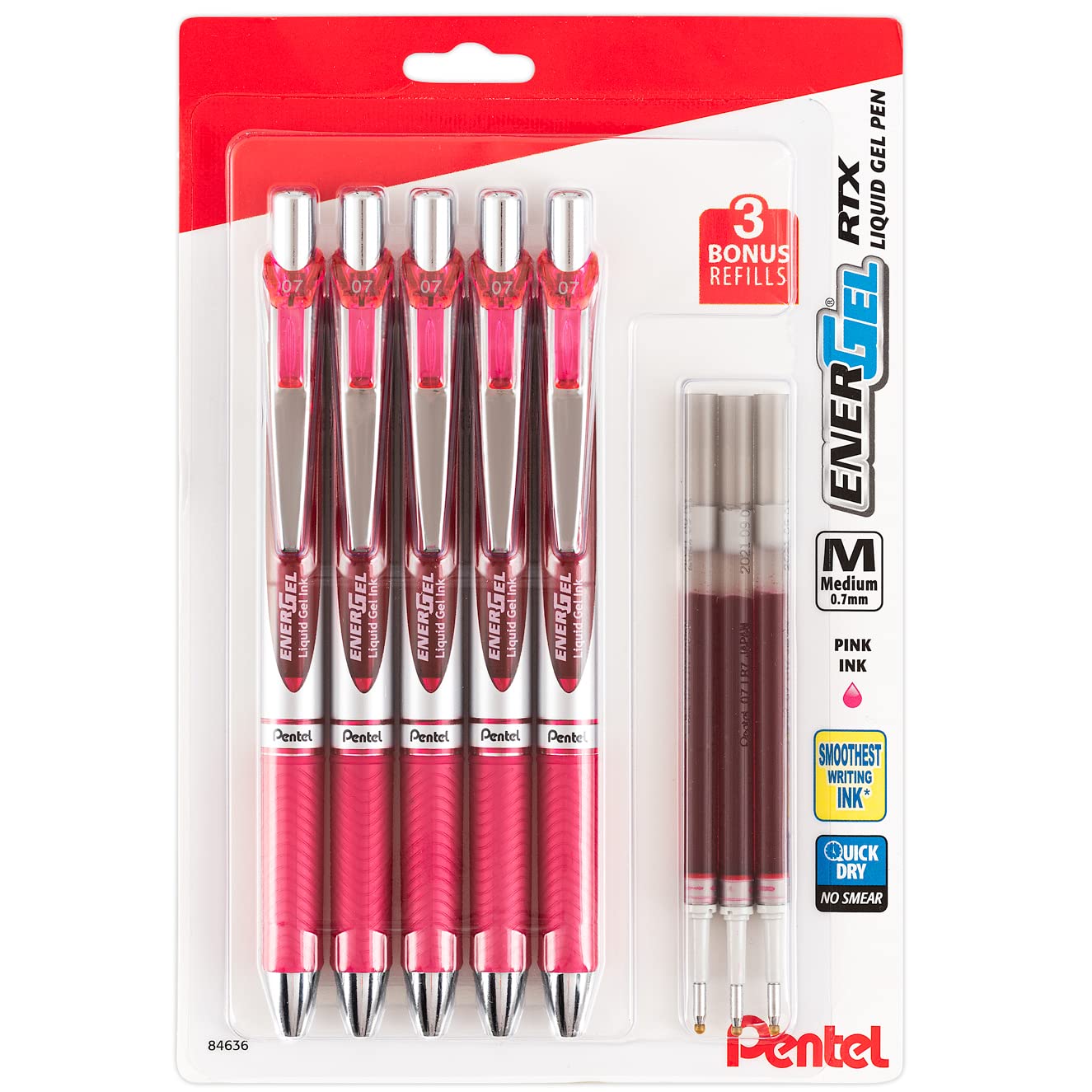 Pentel Energel 0.7mm Liquid Gel Ink Pens - Smooth Writing Pink Ink - 5 Pack Deluxe RTX Pens with 3 Pink Refills - Perfect for Office, School & Creative Journaling