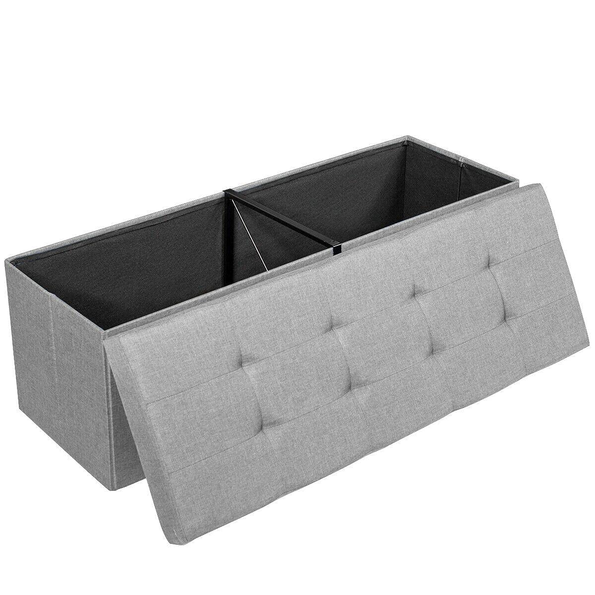 Fabric Folding Storage Ottoman with Divider - Light Grey Storage Chest for Bedroom, Living Room & Dorm | Multi-Functional Bench, Footrest & Organizer | Space-Saving Furniture for Blankets, Toys & Clothes