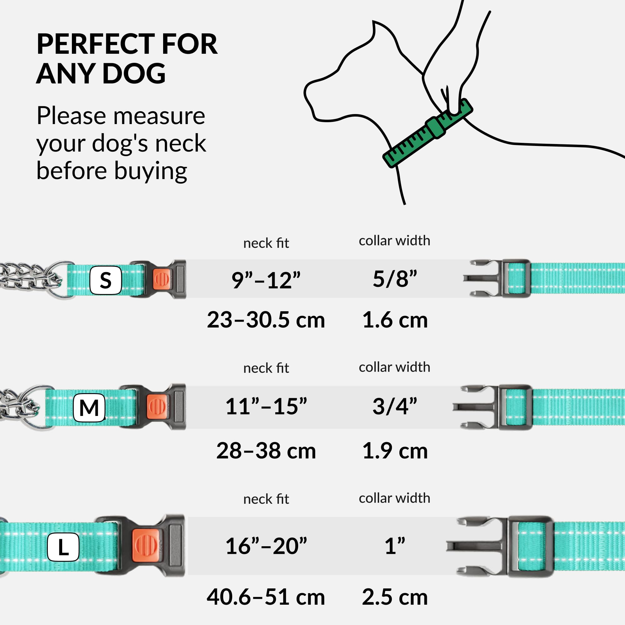 Martingale Dog Collar with Stainless Steel Chain & Quick Release Buckle - Reflective Adjustable Collar for Small Medium Large Dogs (12