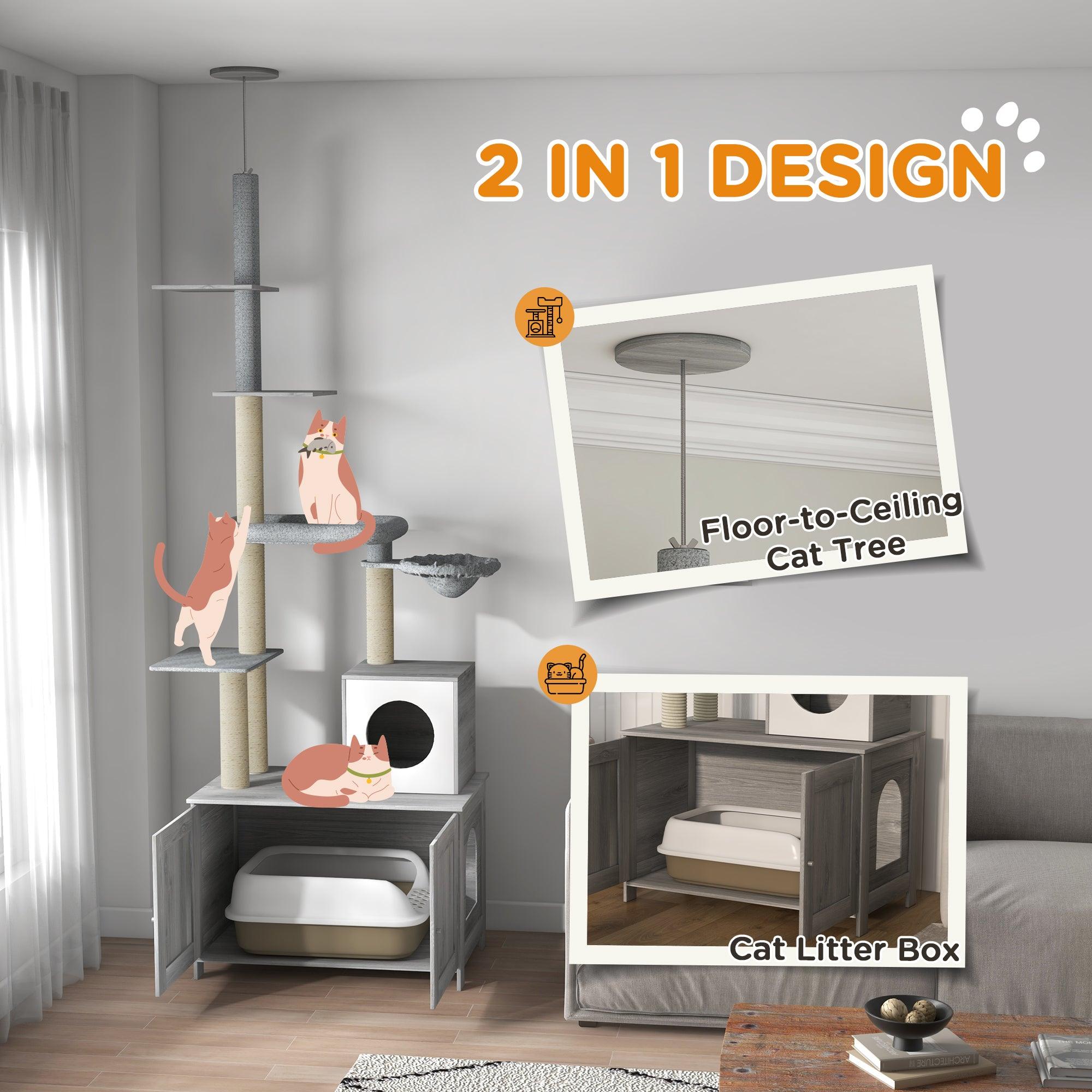 Multi-Level Cat Tree with Hidden Litter Box - 2-in-1 Floor to Ceiling Cat Tower with Condo, Bed, Hammock & Scratching Posts - Space-Saving Cat Furniture for Small Apartments (Gray) - Perfect for Indoor Cats Who Need Privacy While Using the Litter Box