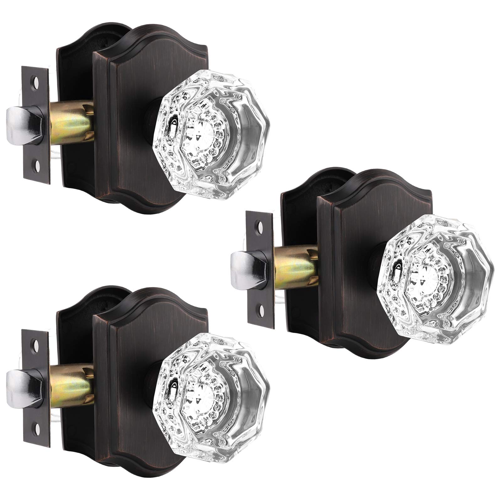 Gobrico Heavy Duty Interior Door Knob Set - Oil Rubbed Bronze Octagon Crystal Knob (3 Pack) | Keyless Passage Door Levers for Bedroom, Closet & Hallway | Durable Home & Office Door Handles