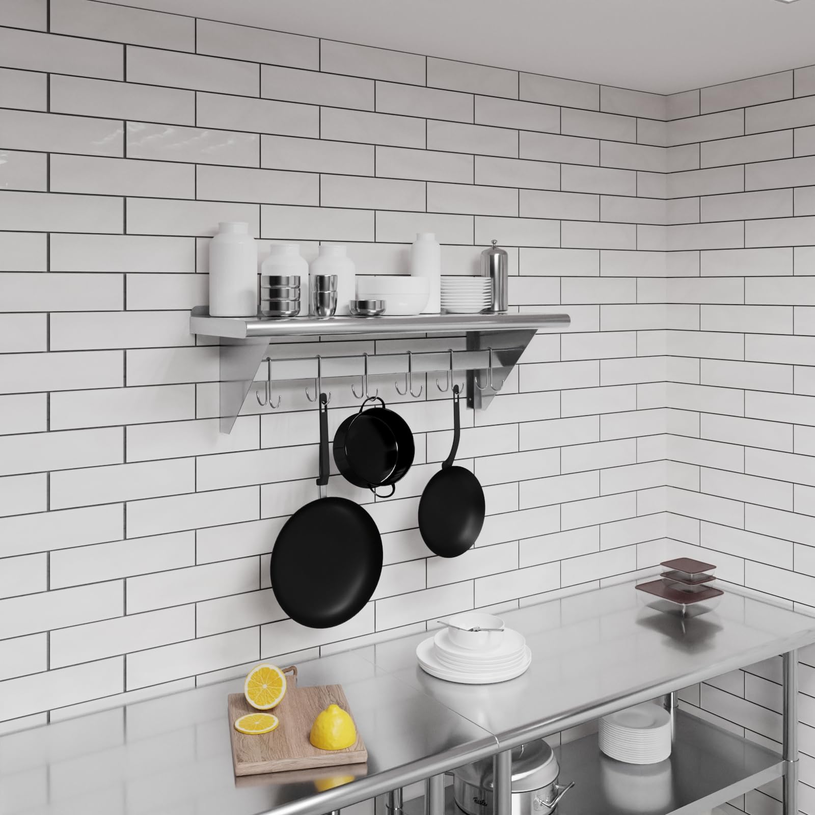 AmGood 36 Inch Long 12 Inch Deep Stainless Steel Wall Mounted Pot Rack with Shelf | NSF Certified | Kitchen Organization & Space Saving Storage for Cookware, Utensils & Spices