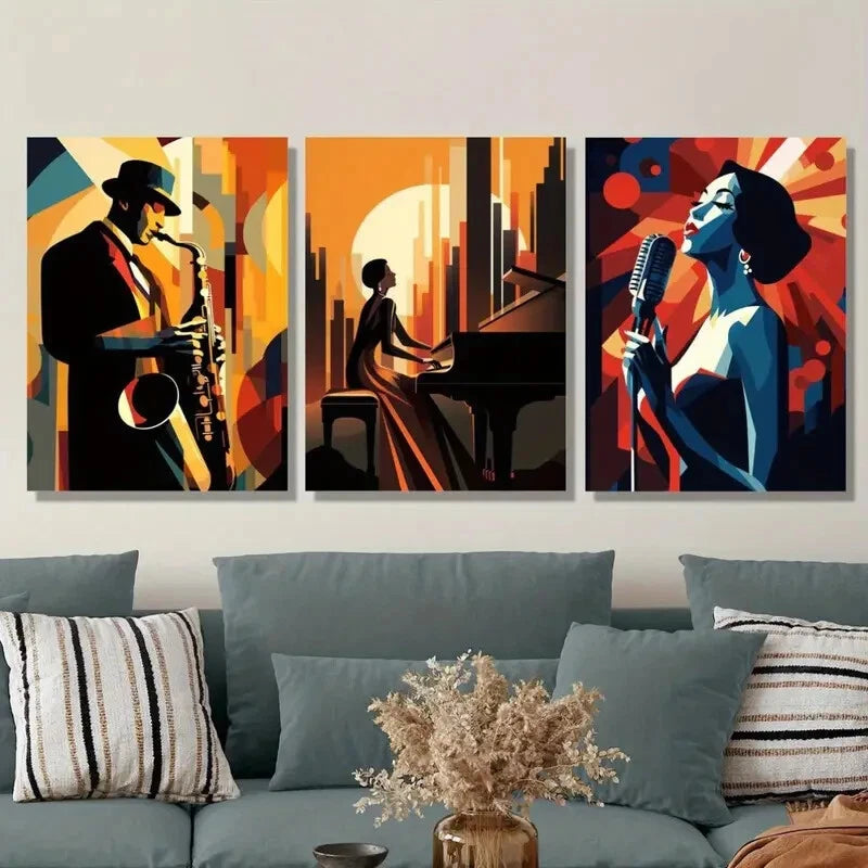 3-Piece Jazz Cubist Portrait Metal Wall Art Prints - Ready to Hang Modern Home Decor for Living Room, Bedroom & Office
